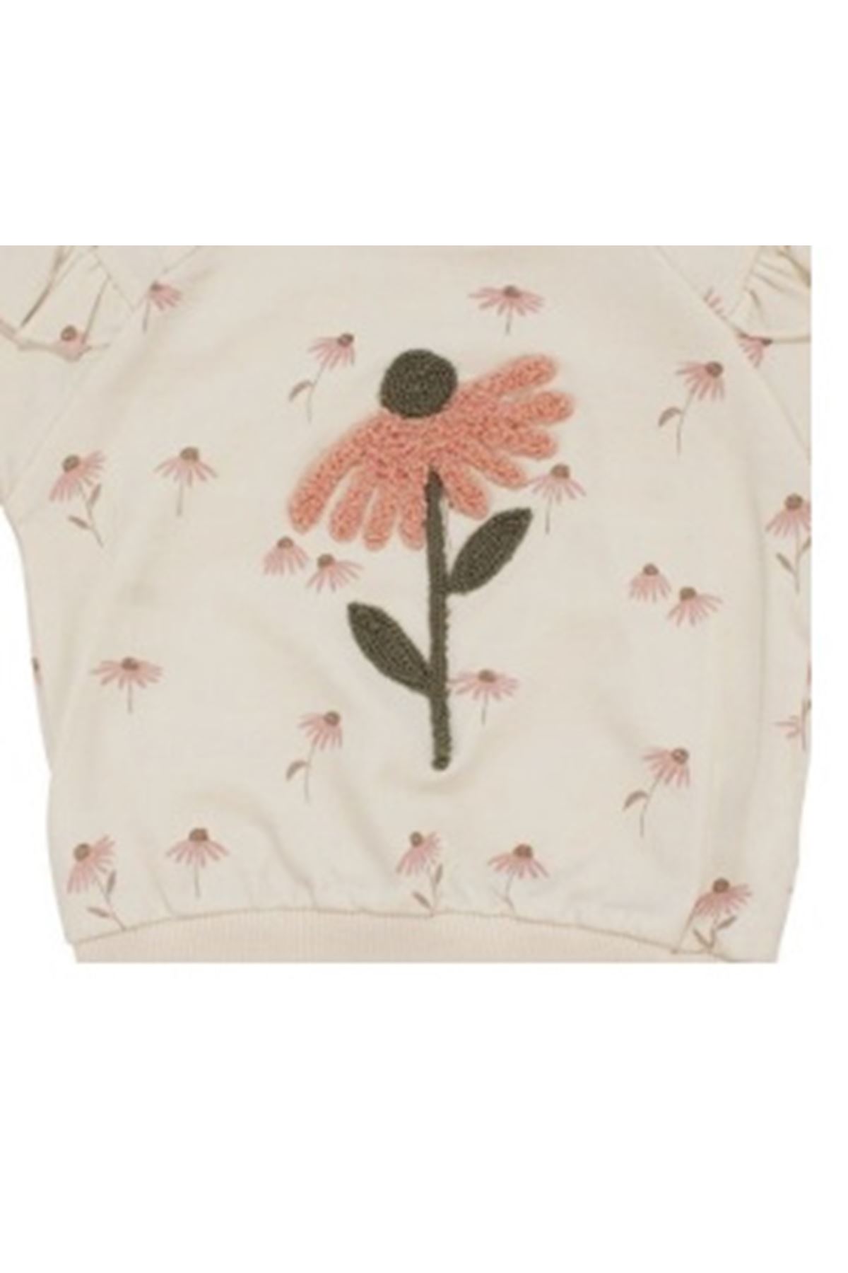 Kız Bebek Ekru Pembe Papatya Nakışlı Kolları Fırfırlı İkili Takım