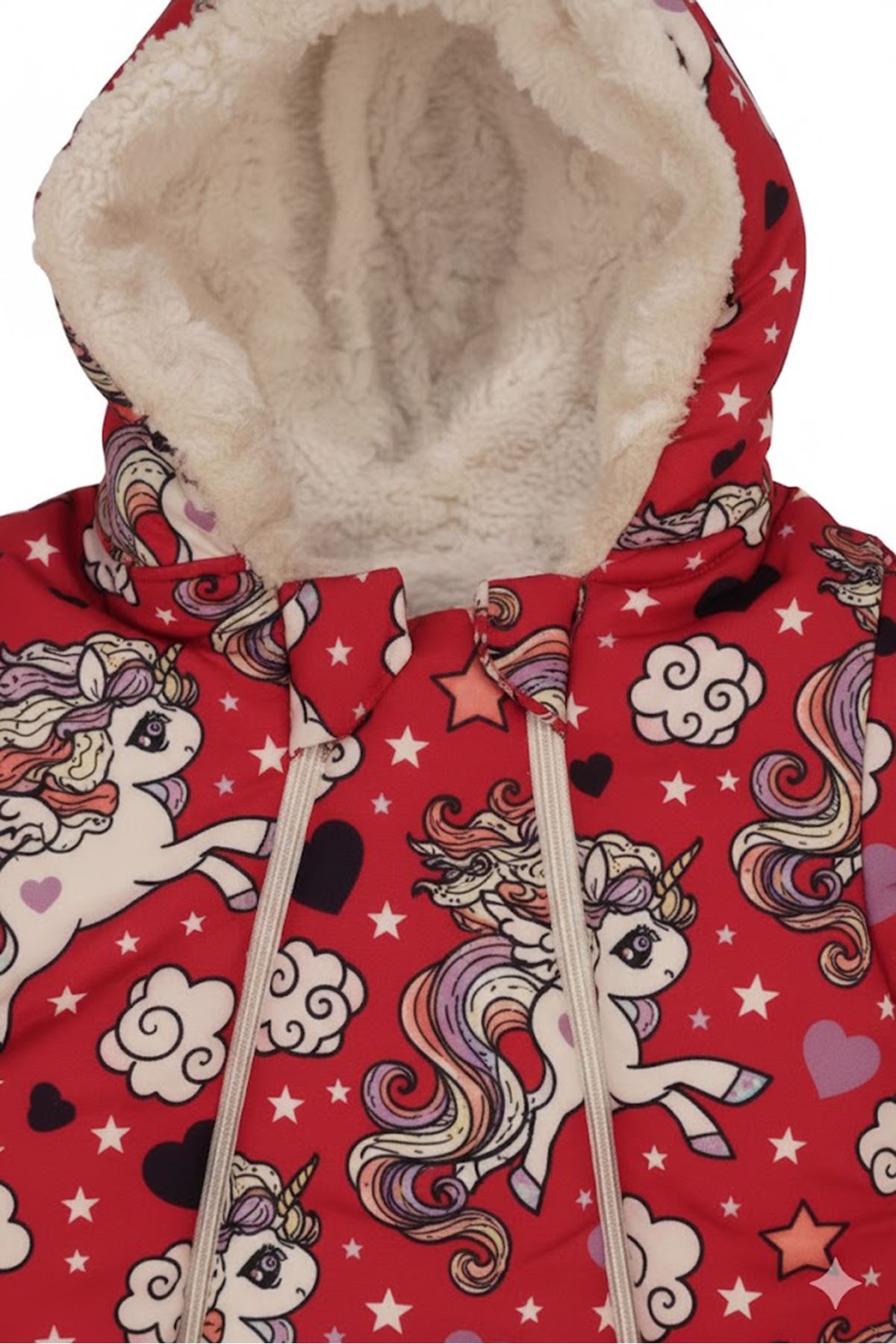 Kız Bebek Kırmızı Unicorn Desenli Çift Fermuarlı İçi Peluş Patikli Kozmonot