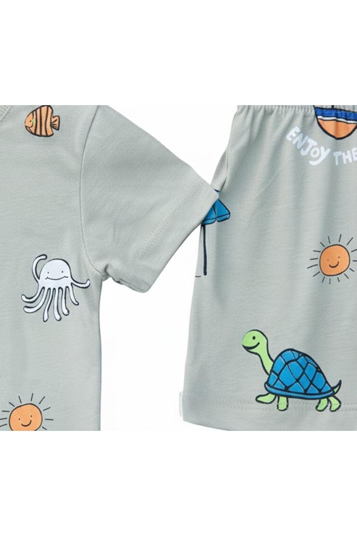 Erkek Bebek Gri Yelkenli Desenli Şortlu 2'li Takım