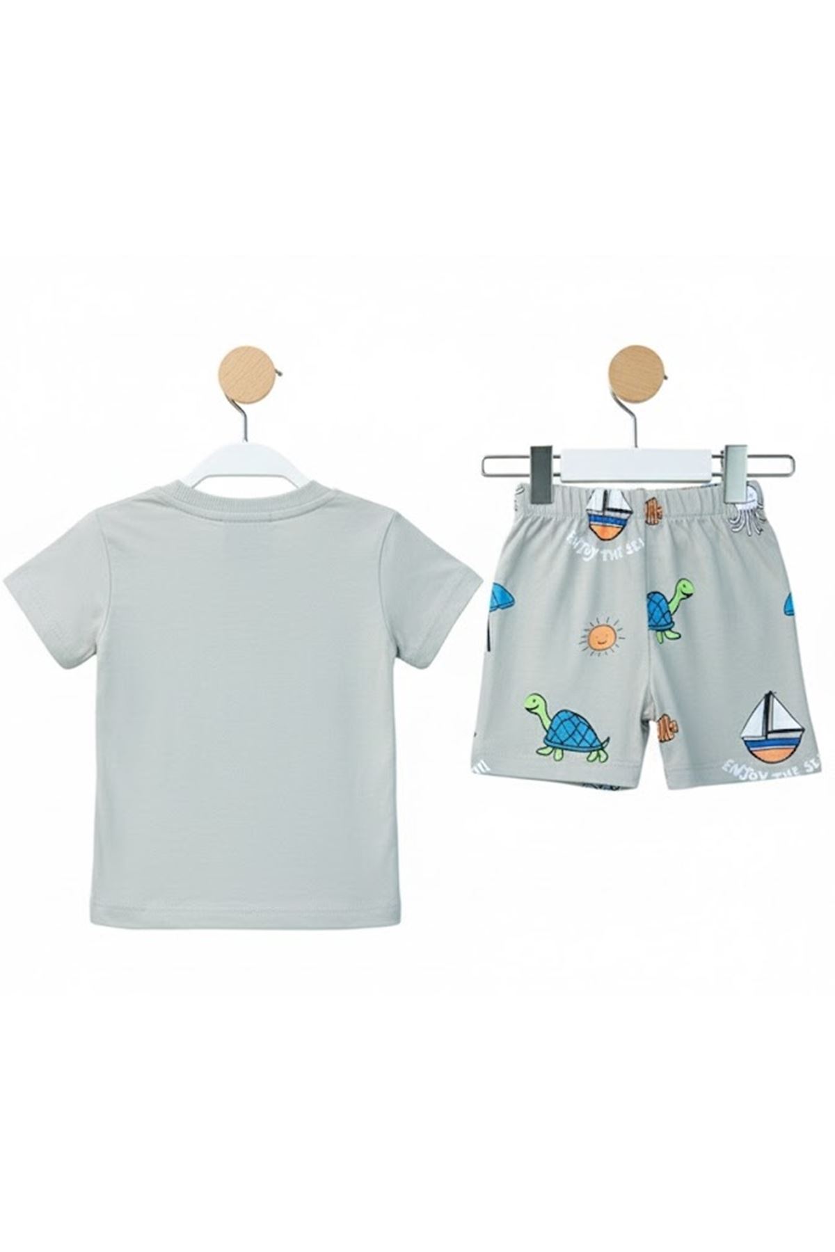 Erkek Bebek Gri Yelkenli Desenli Şortlu 2'li Takım