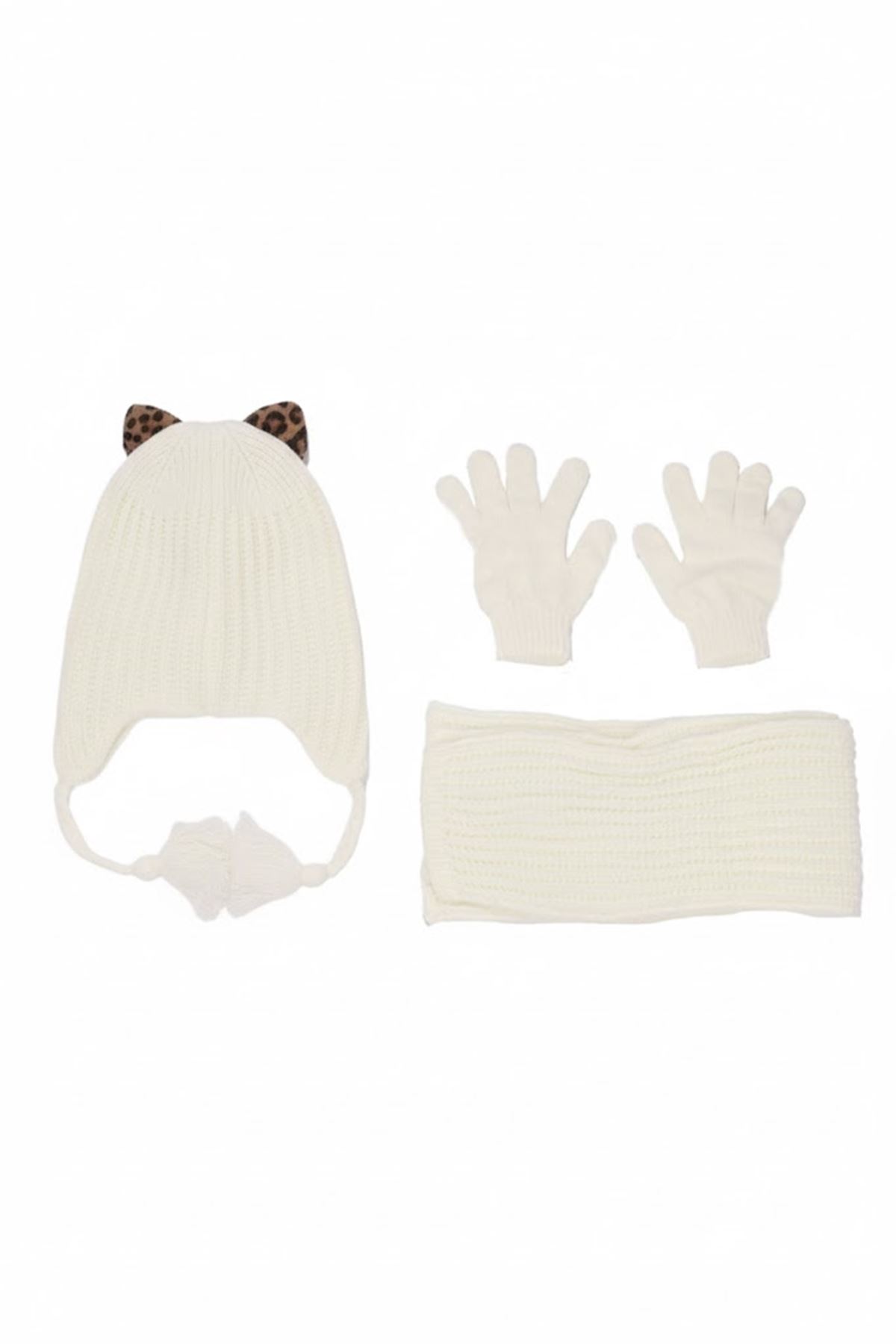 Kız Çocuk Ekru Leopar Kulaklı Lovers Yazılı Atkı Bere Takımı