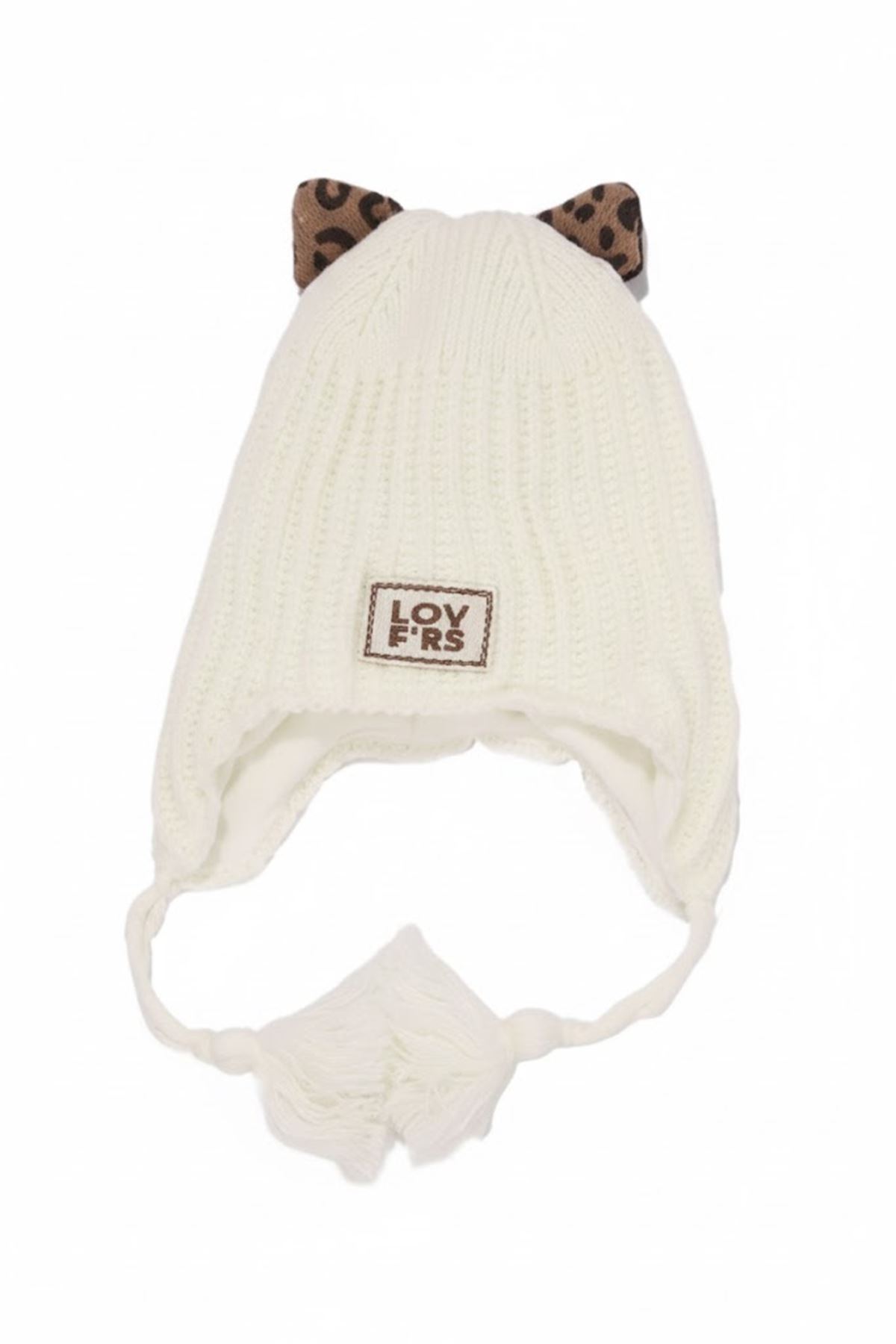 Kız Çocuk Ekru Leopar Kulaklı Lovers Yazılı Atkı Bere Takımı