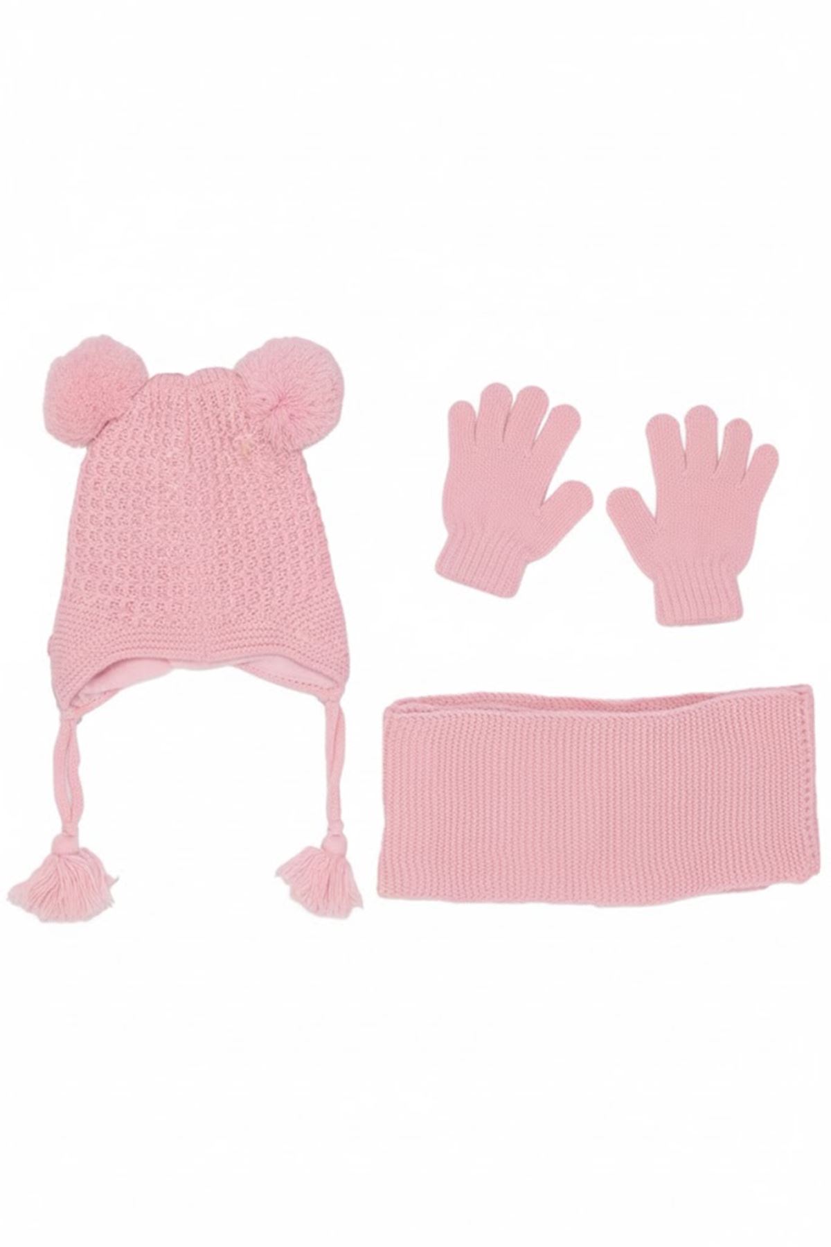 Kız Çocuk  Pudra Panda Armalı Triko Atkı Bere Takımı