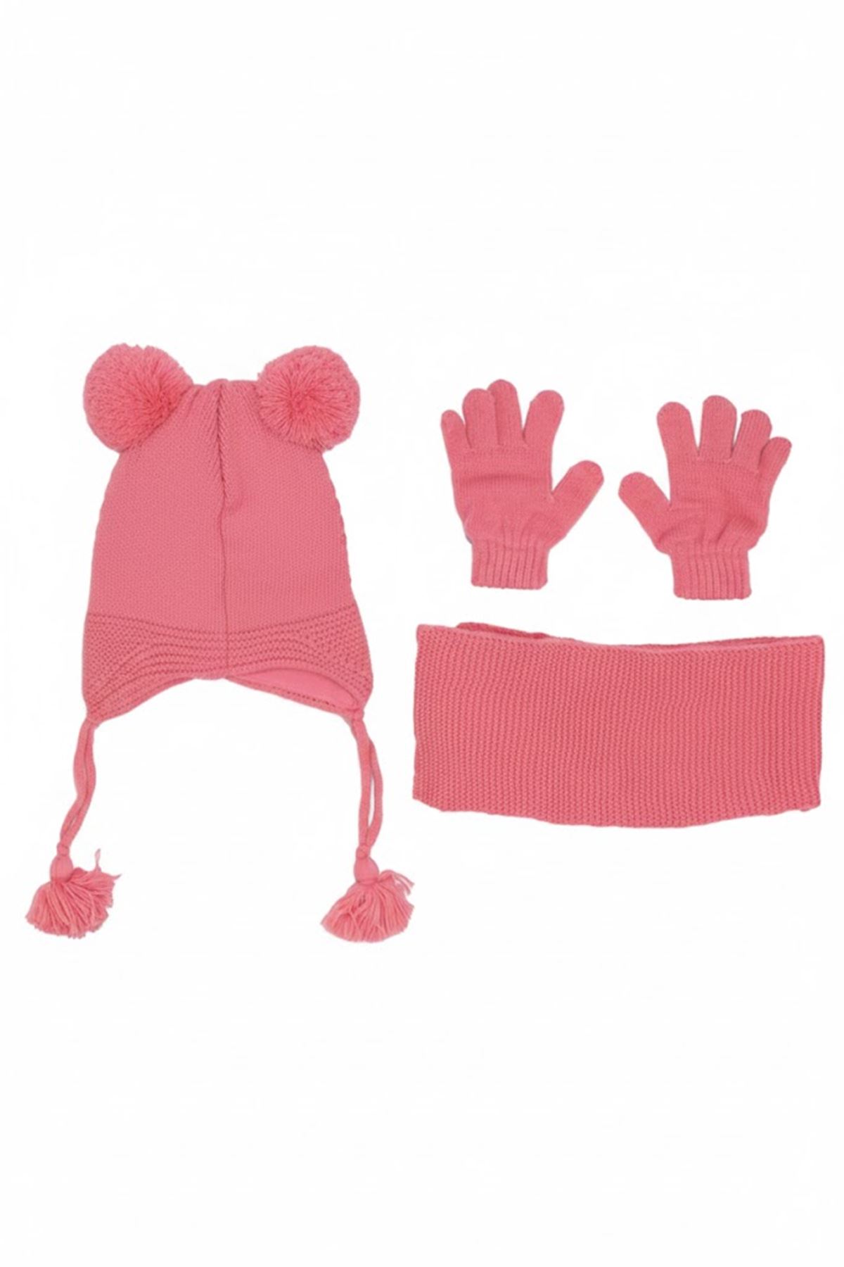 Kız Çocuk Koyu Pembe Panda Armalı Triko Atkı Bere Takımı