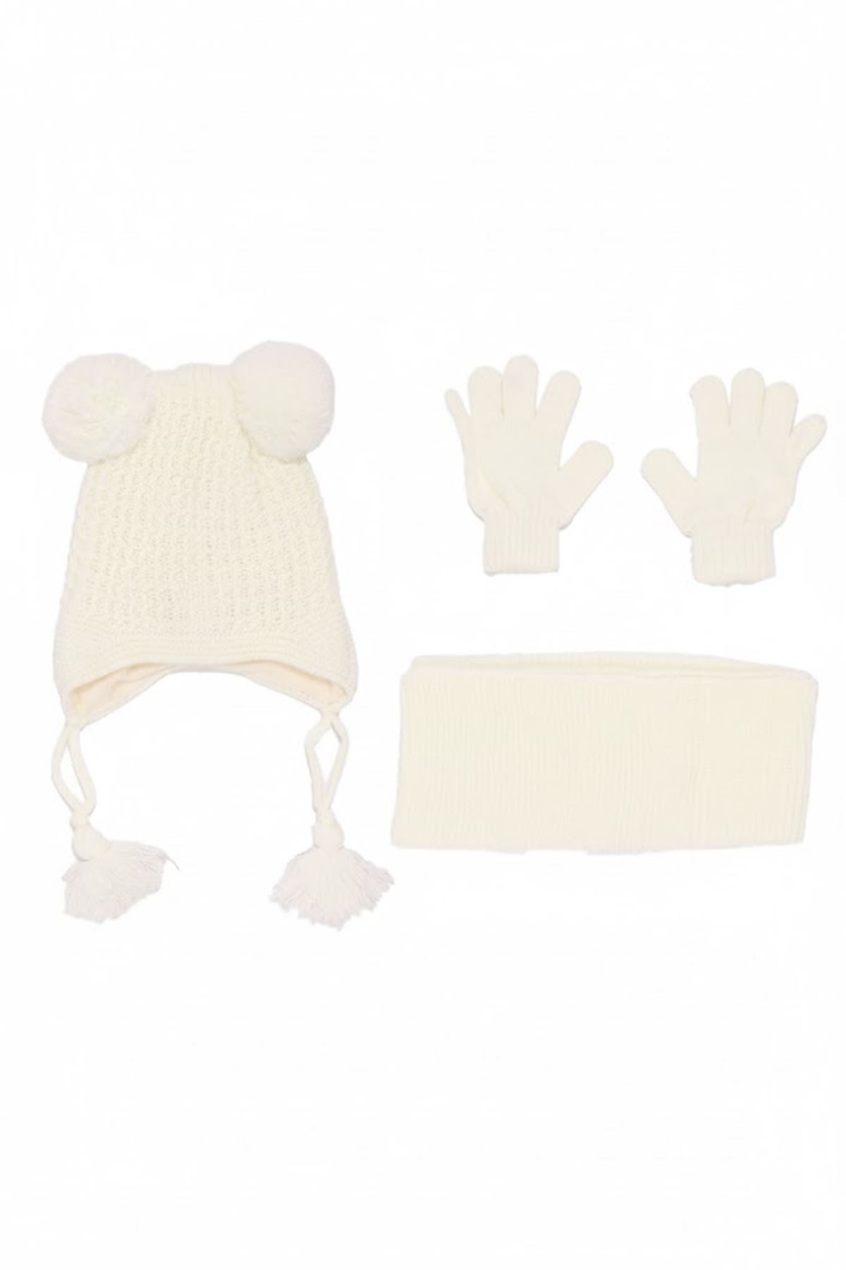 Kız Çocuk  Ekru Panda Armalı Triko Atkı Bere Takımı