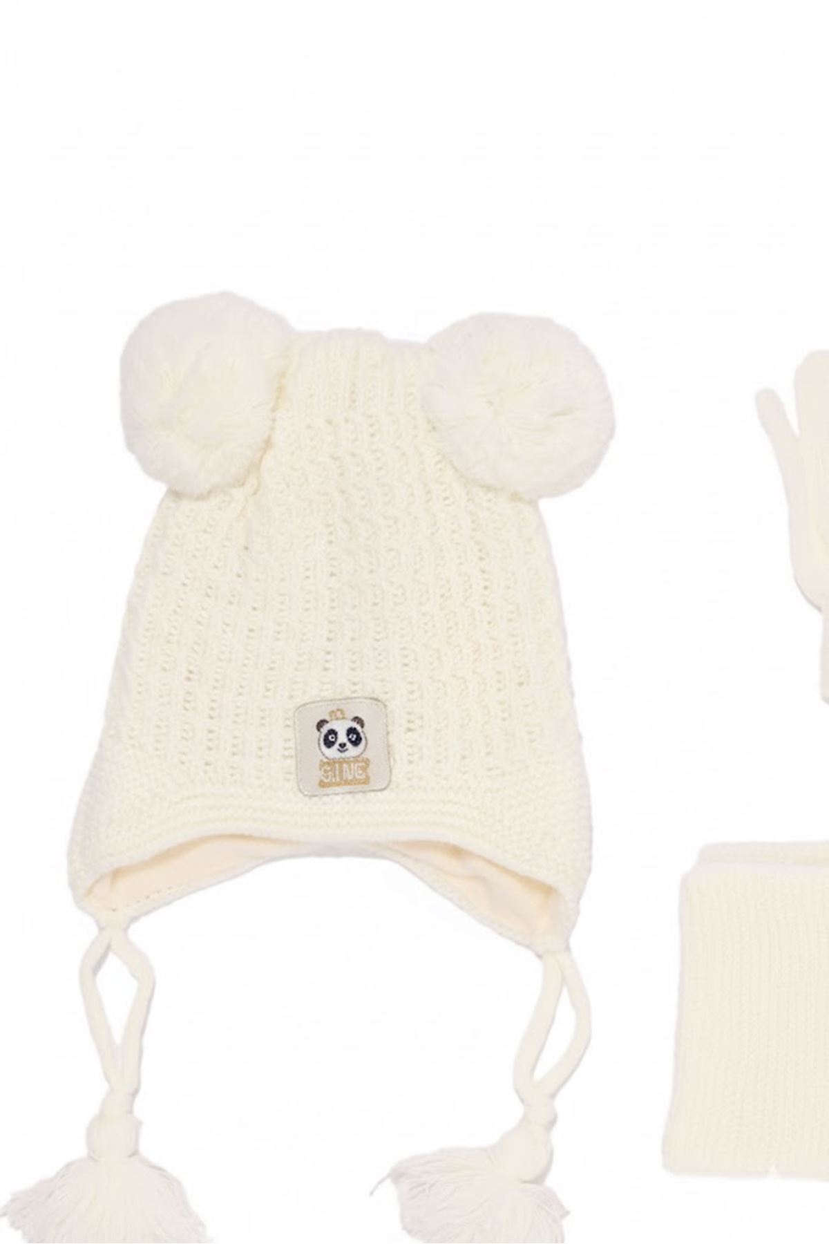 Kız Çocuk  Ekru Panda Armalı Triko Atkı Bere Takımı