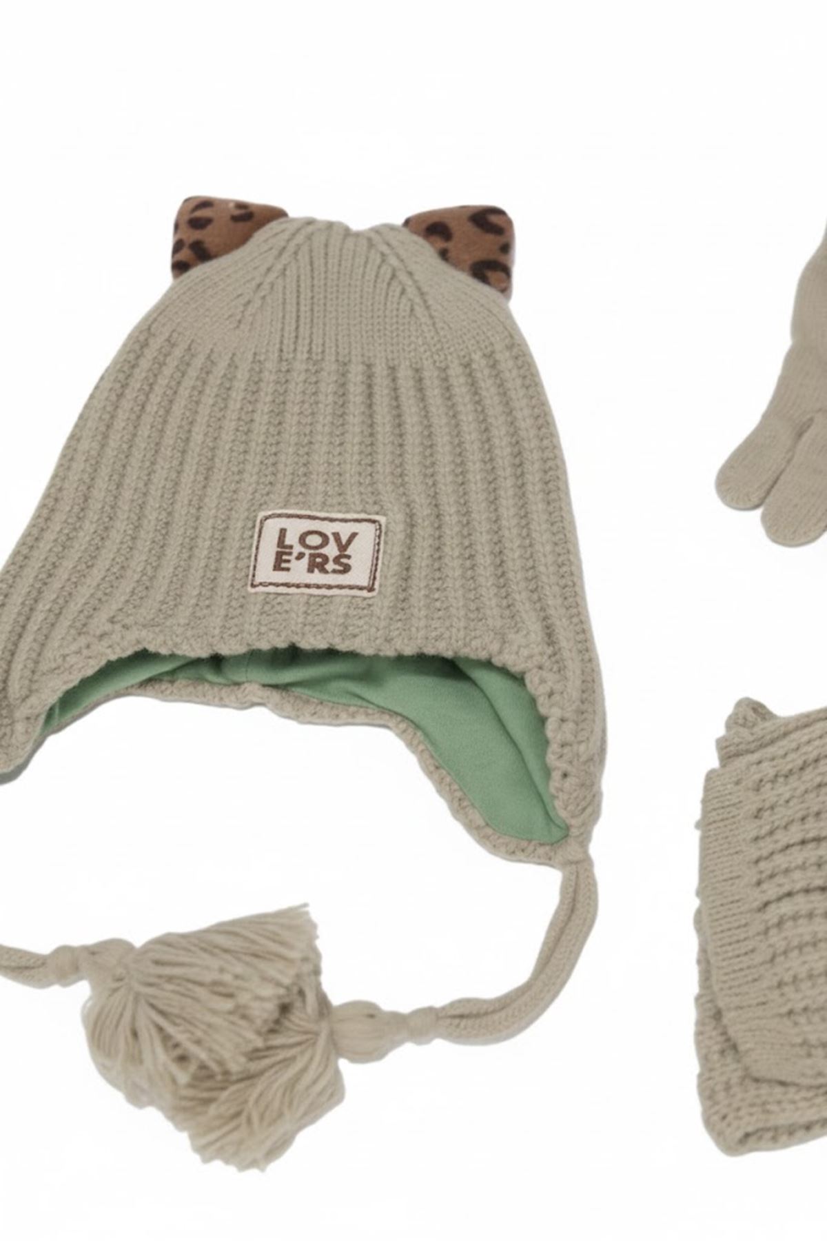 Kız Çocuk Haki Leopar Kulaklı Lovers Yazılı Atkı Bere Takımı