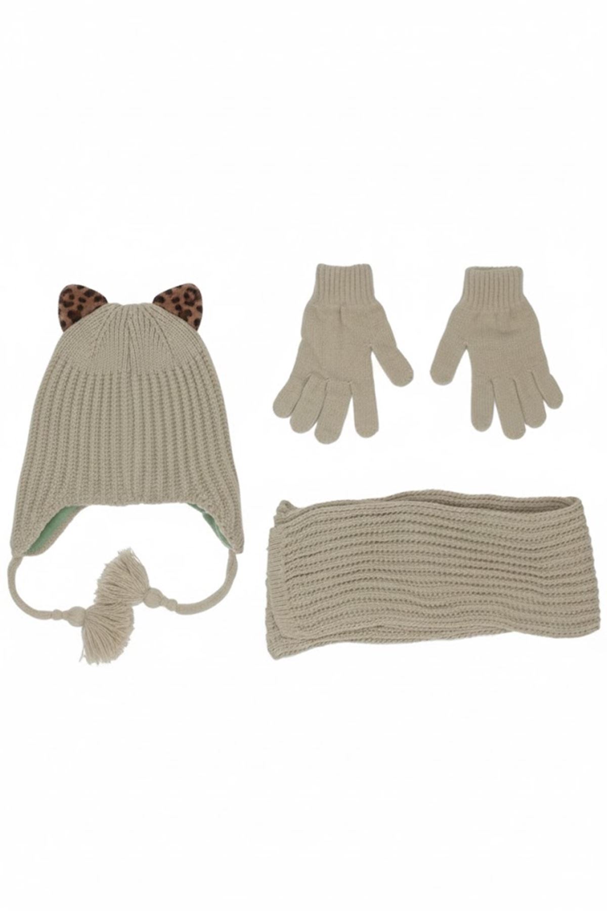 Kız Çocuk Haki Leopar Kulaklı Lovers Yazılı Atkı Bere Takımı