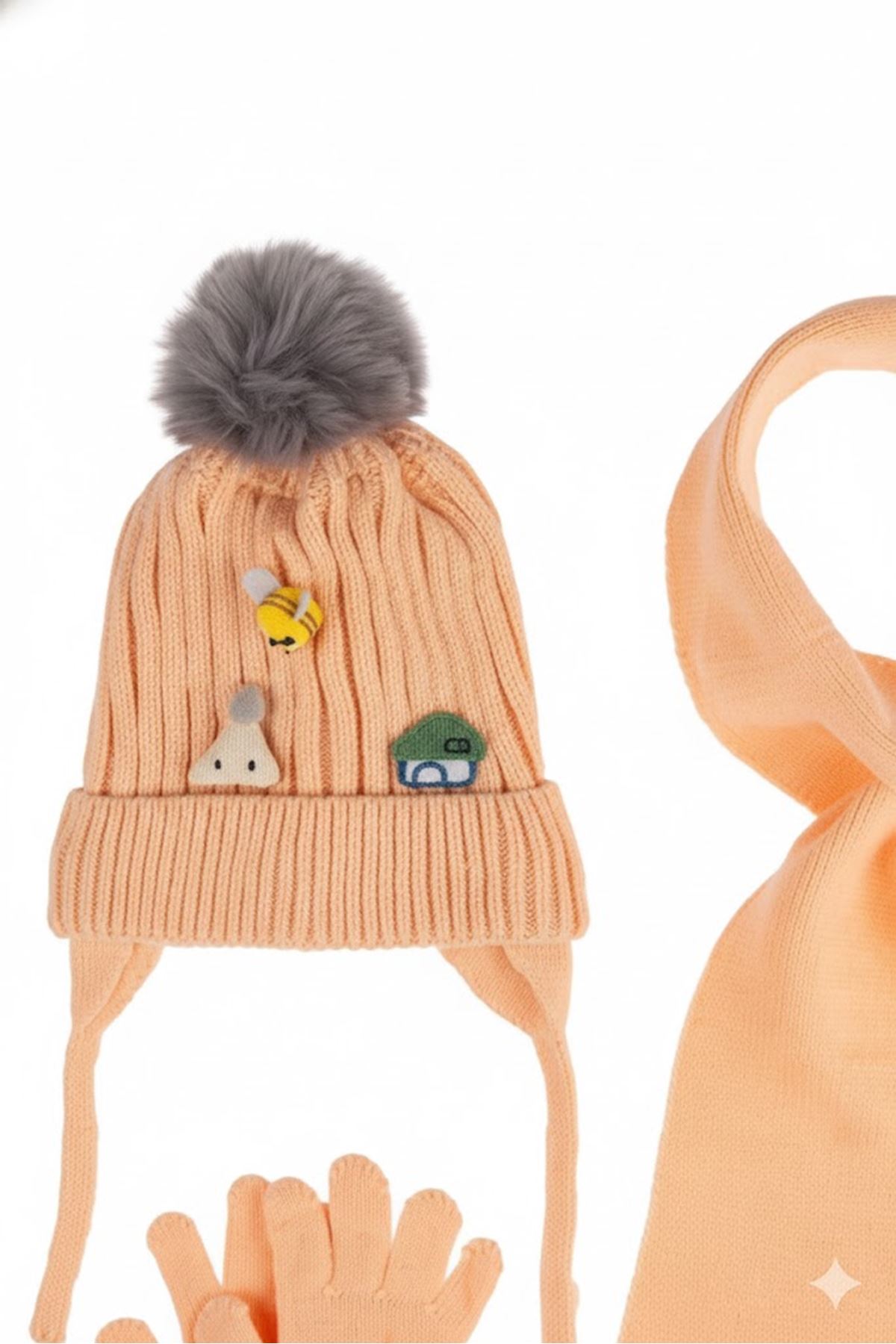 Kitti Bebe Kız Atkı Bere Eldiven Takım (1-4 Yaş) K24160-03 Şeftali