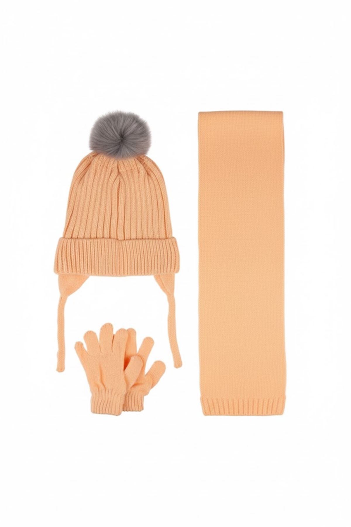 Kitti Bebe Kız Atkı Bere Eldiven Takım (1-4 Yaş) K24160-03 Şeftali