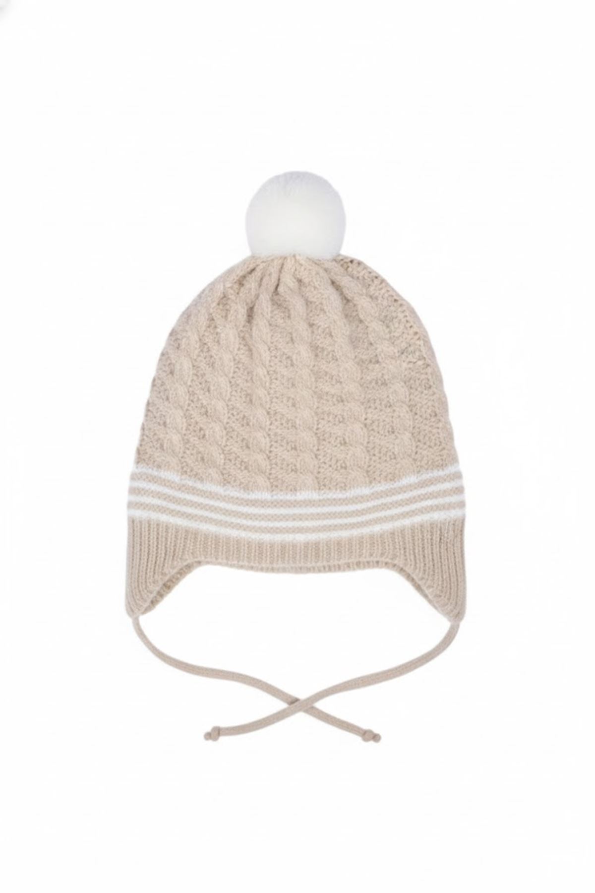 Kahve Beyaz Saç Örgü Desenli Triko Atkı Bere Set