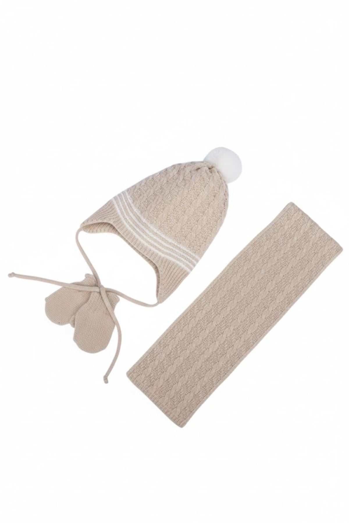 Kahve Beyaz Saç Örgü Desenli Triko Atkı Bere Set