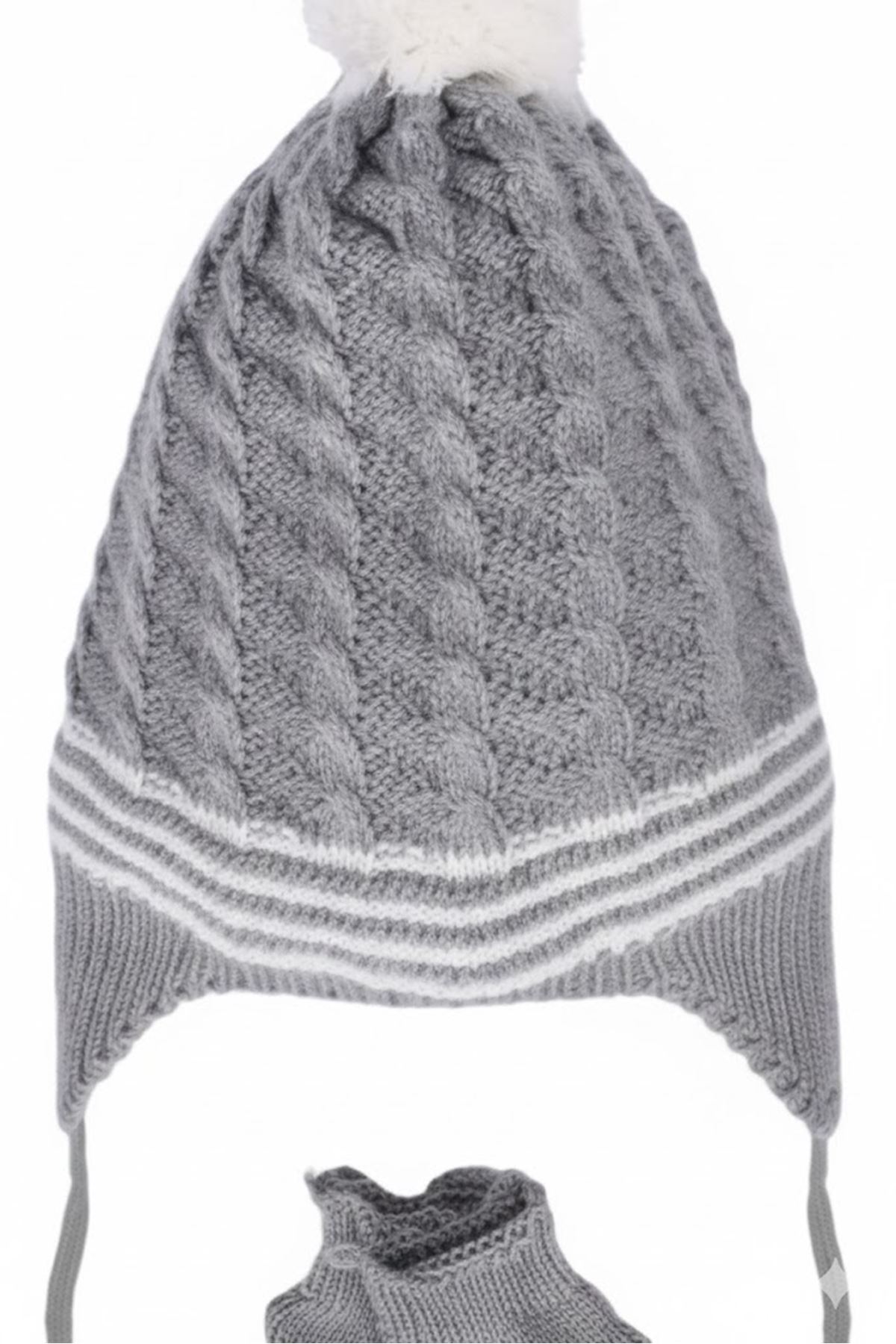 Gri Beyaz Saç Örgü Desenli Triko Atkı Bere Set