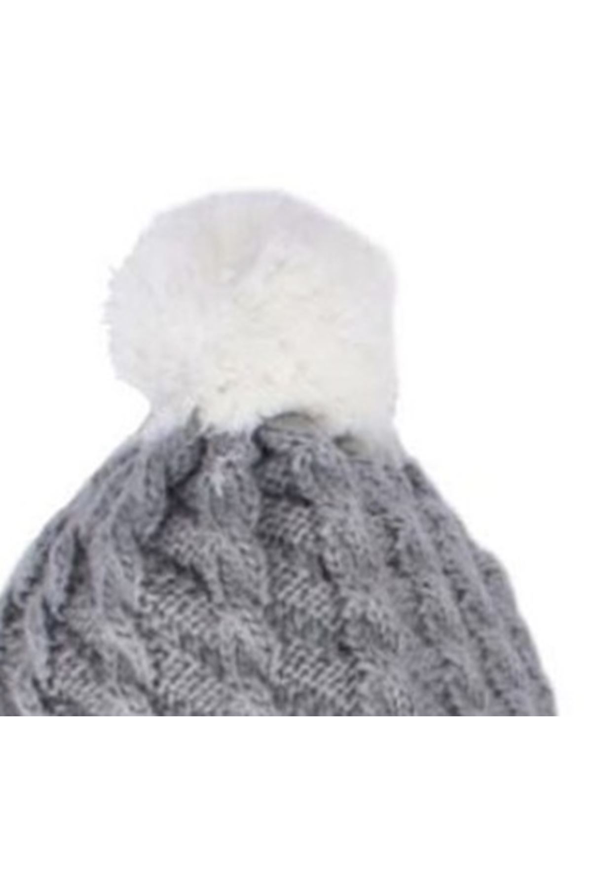 Gri Beyaz Saç Örgü Desenli Triko Atkı Bere Set