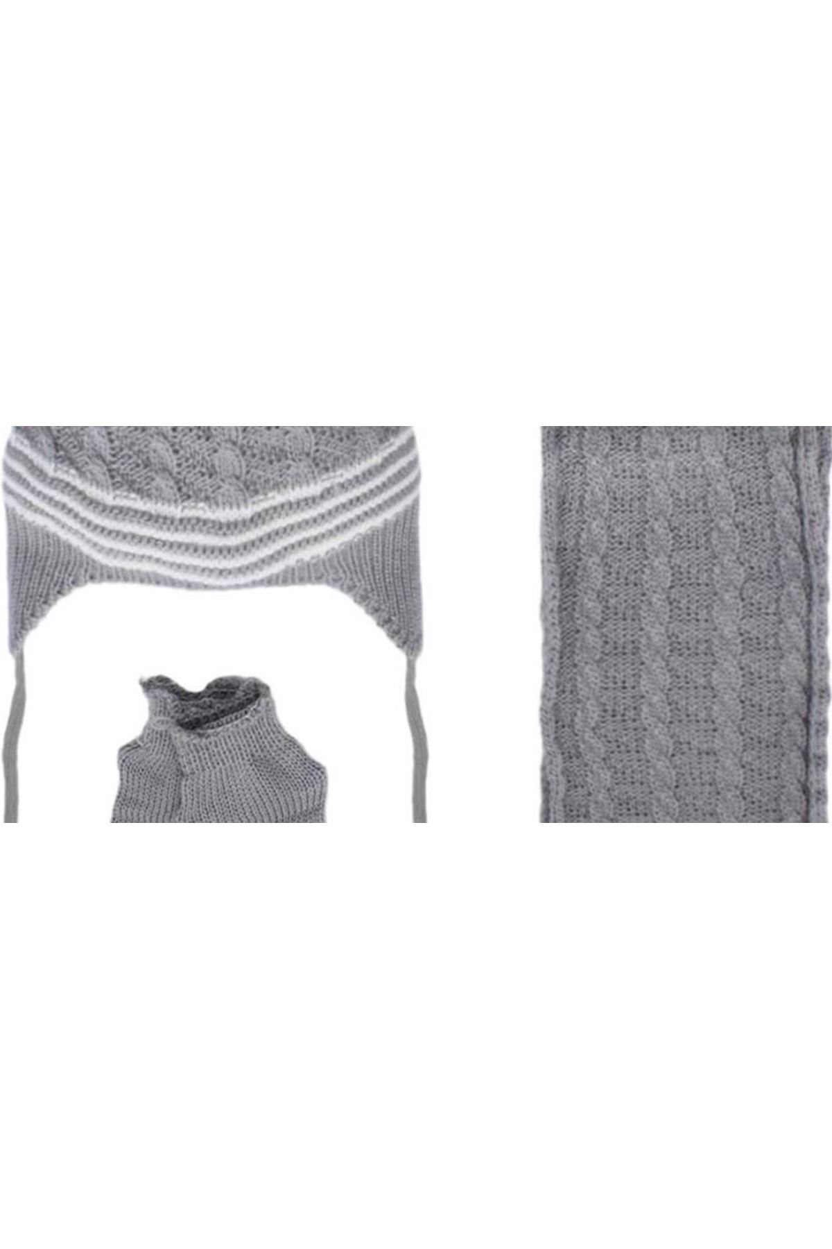 Gri Beyaz Saç Örgü Desenli Triko Atkı Bere Set