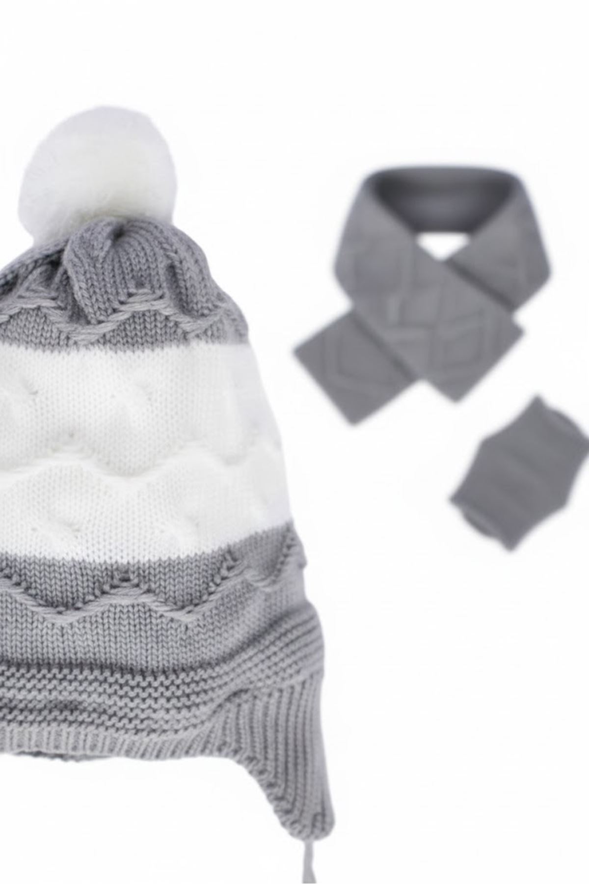 Gri Beyaz Dalga Desenli Triko Atkı Bere Set