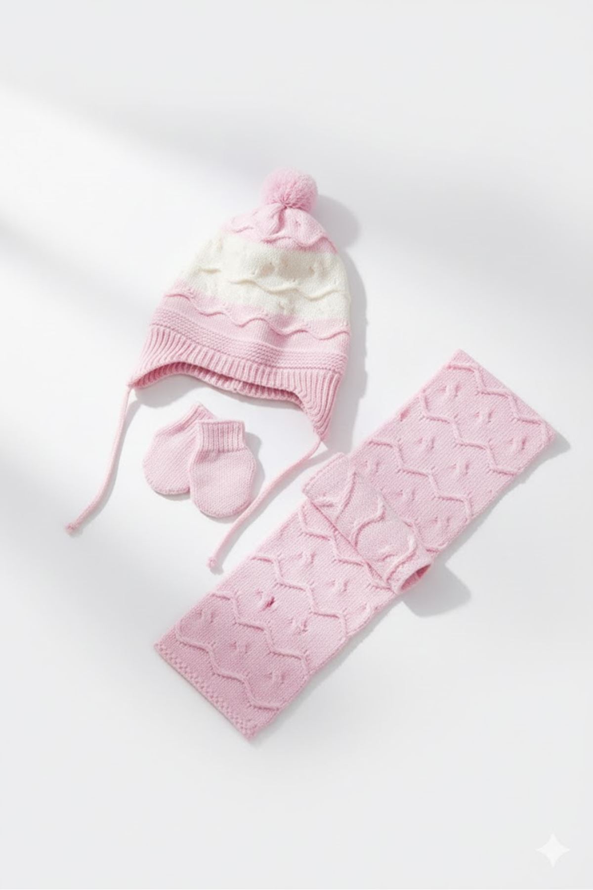 Kız Bebek Pembe Beyaz Dalga Desenli Triko Atkı Bere Set