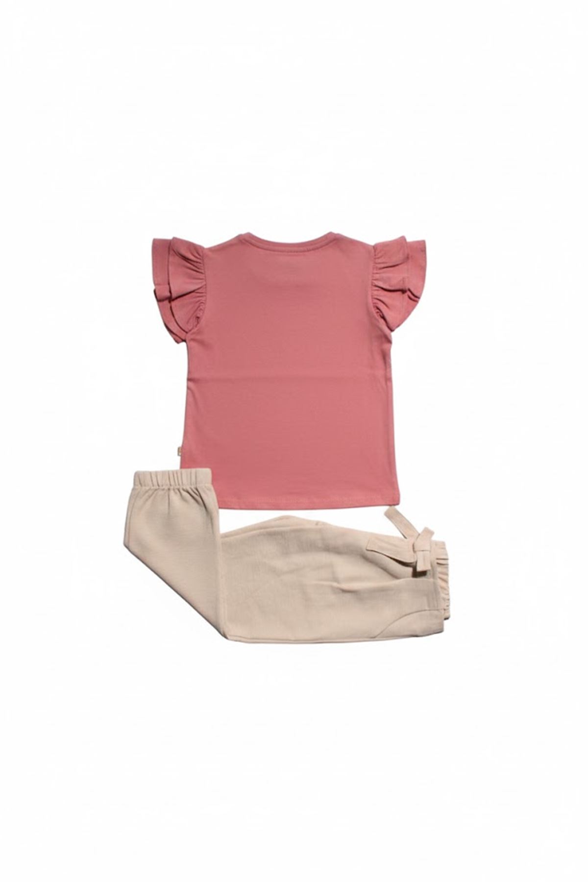 Kız Çocuk Gül Kurusu Bej Bağlamalı Pantolonlu 2 li Takım