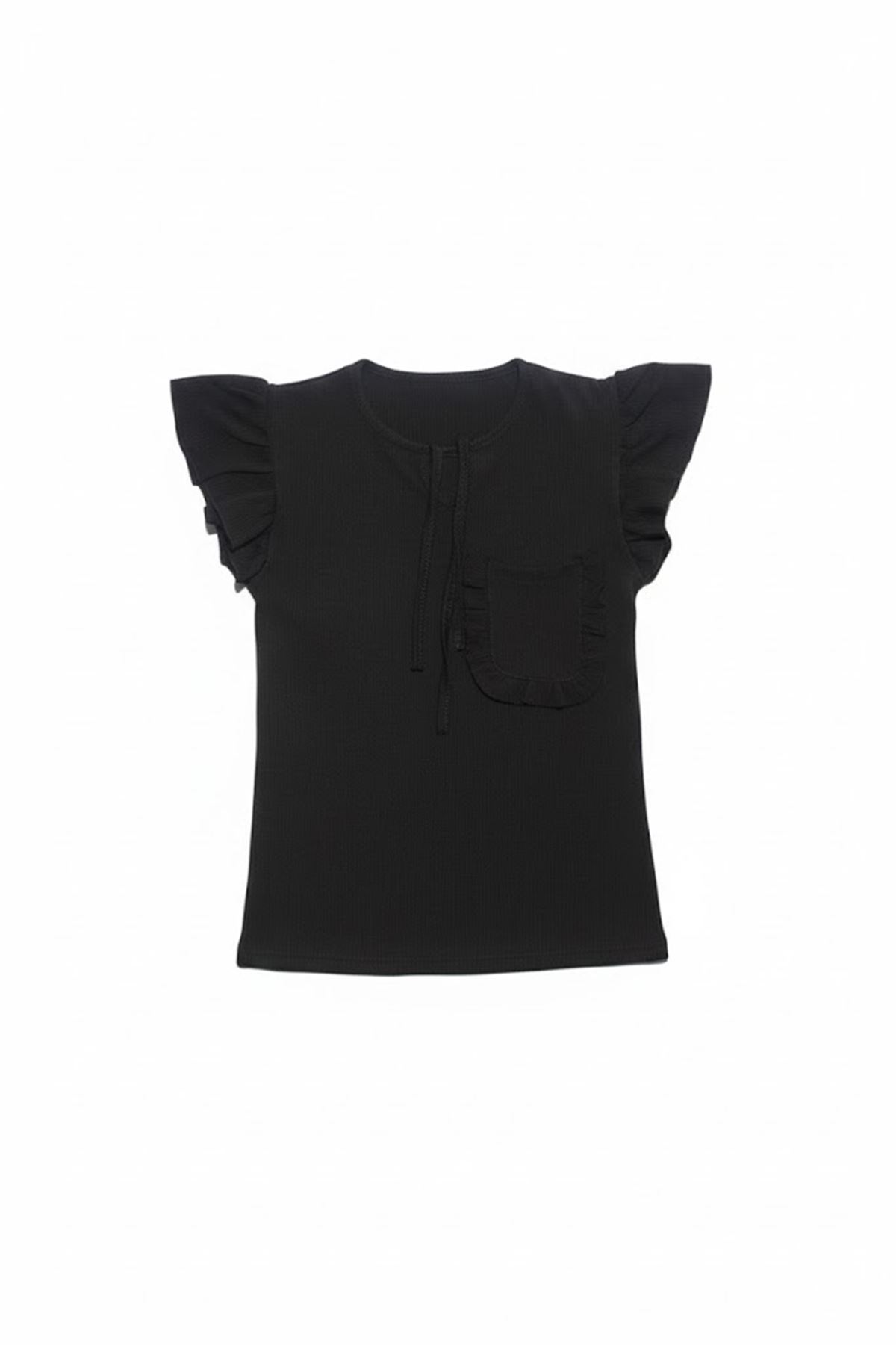 Kız Çocuk Siyah Fırfırlı Cepli Bürümcük 2' Li Takım