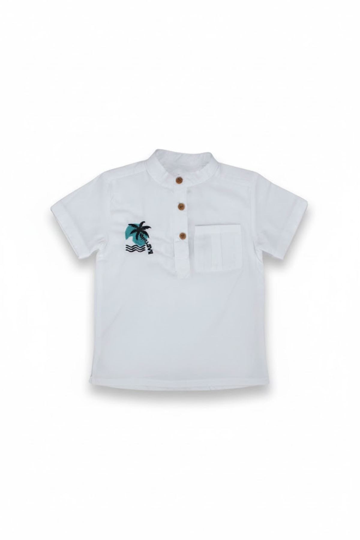 Erkek Çocuk Beyaz Gömlekli Palmiye Nakışlı Lacivert Pantolonlu 2'li Takım