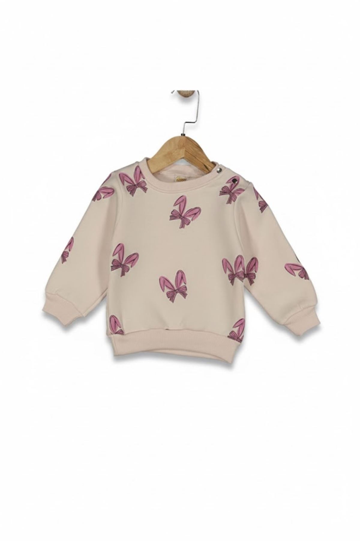 Kız Bebek Ekru Pempe Fiyonklu Baskılı Kadife Fitillli Taytlı 2'li Takım