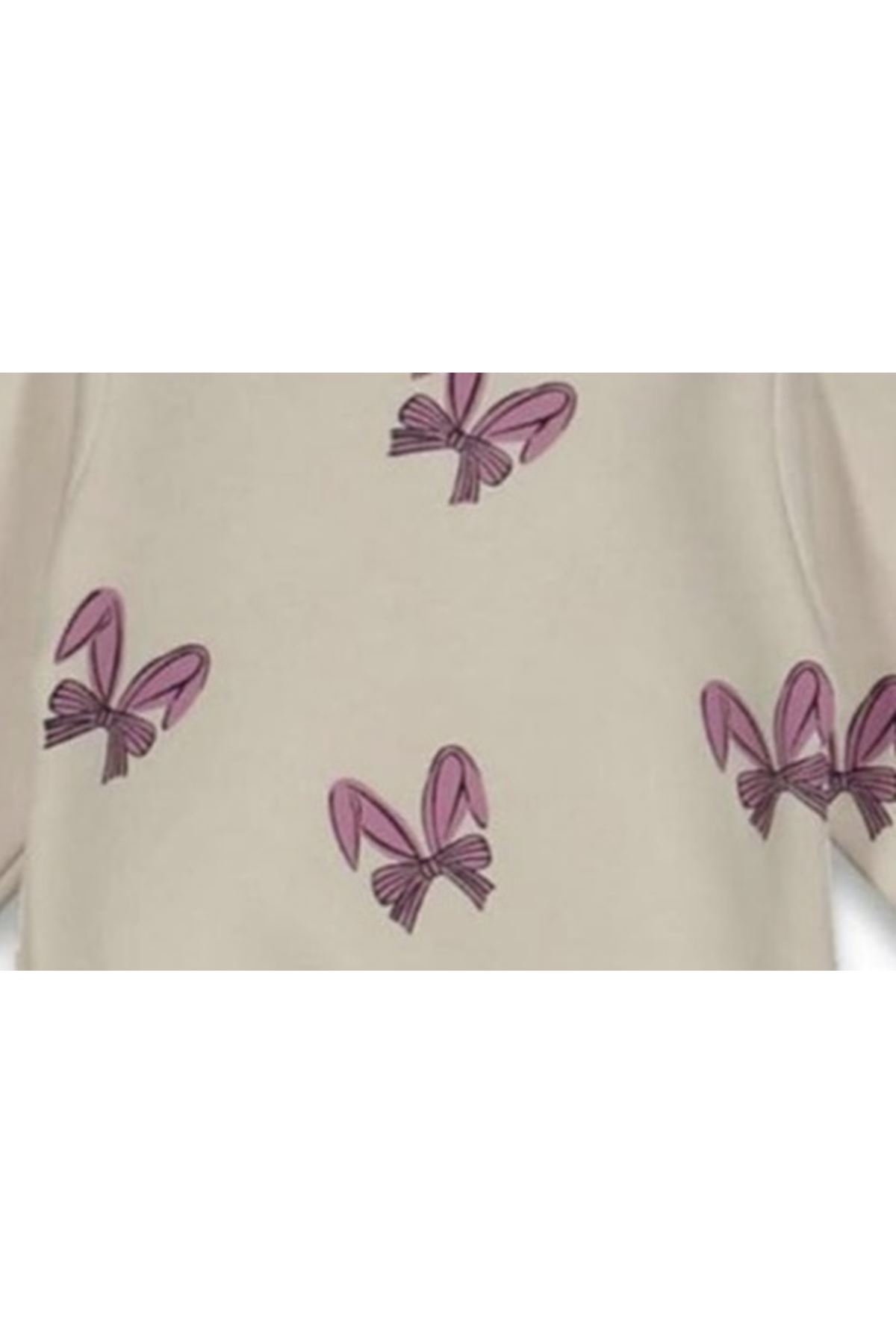 Kız Bebek Ekru Pempe Fiyonklu Baskılı Kadife Fitillli Taytlı 2'li Takım