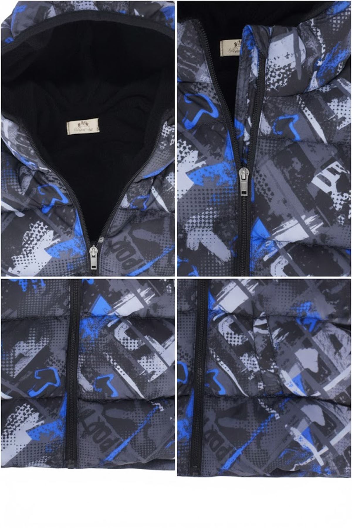 Erkek Çocuk Siyah Mavi Gri Desenli Şişme Mont