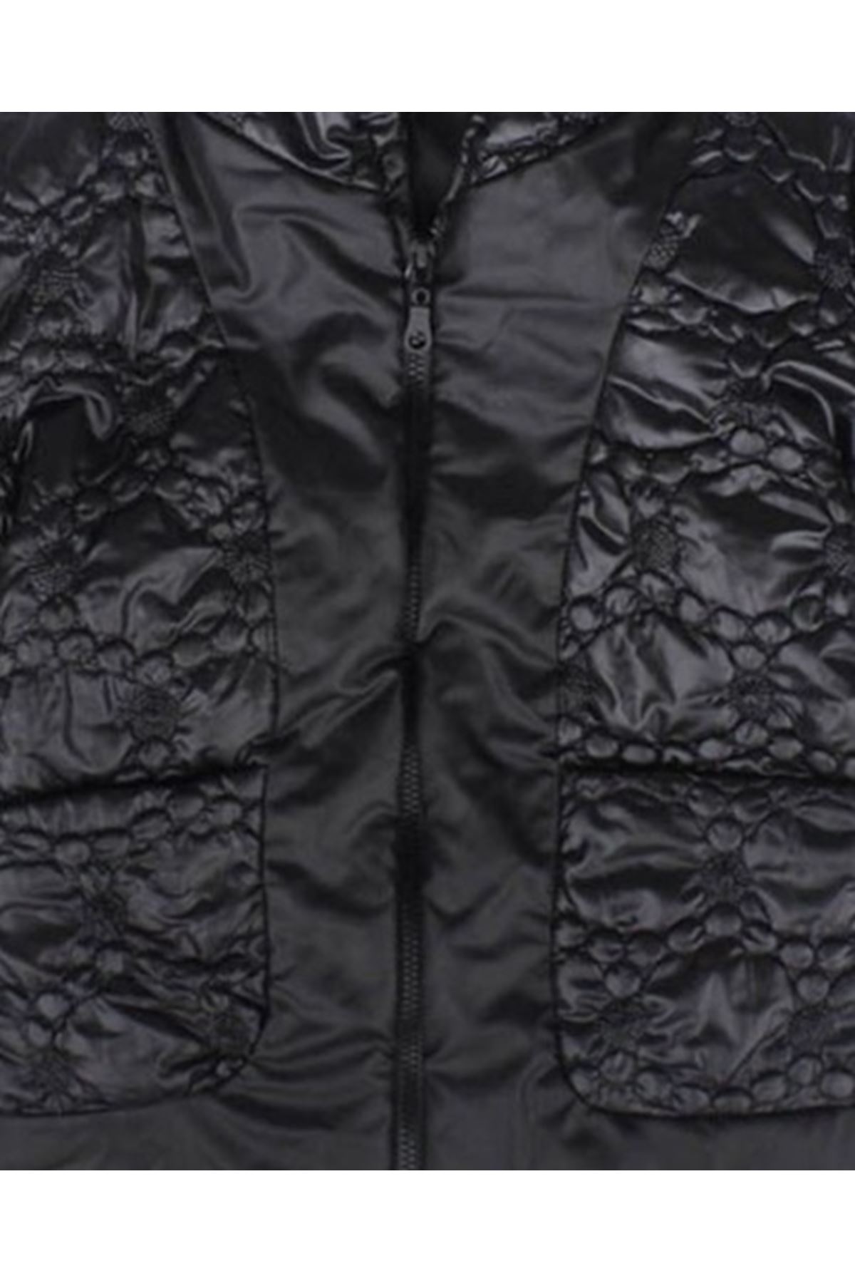 Kız Çocuk Siyah Belden Lastikli Kendinden Desenli Şişme Mont