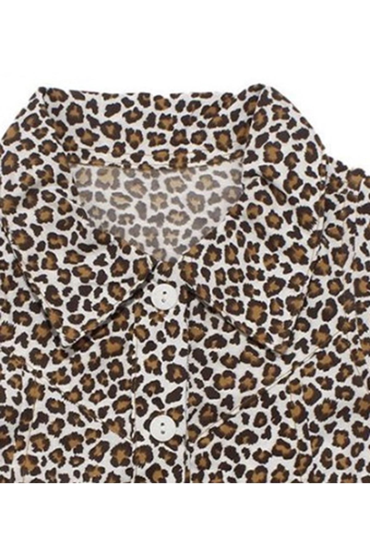 Kız Çocuk Kahve Leopar Desenli Tokalı Yakalı Gömlek Elbise