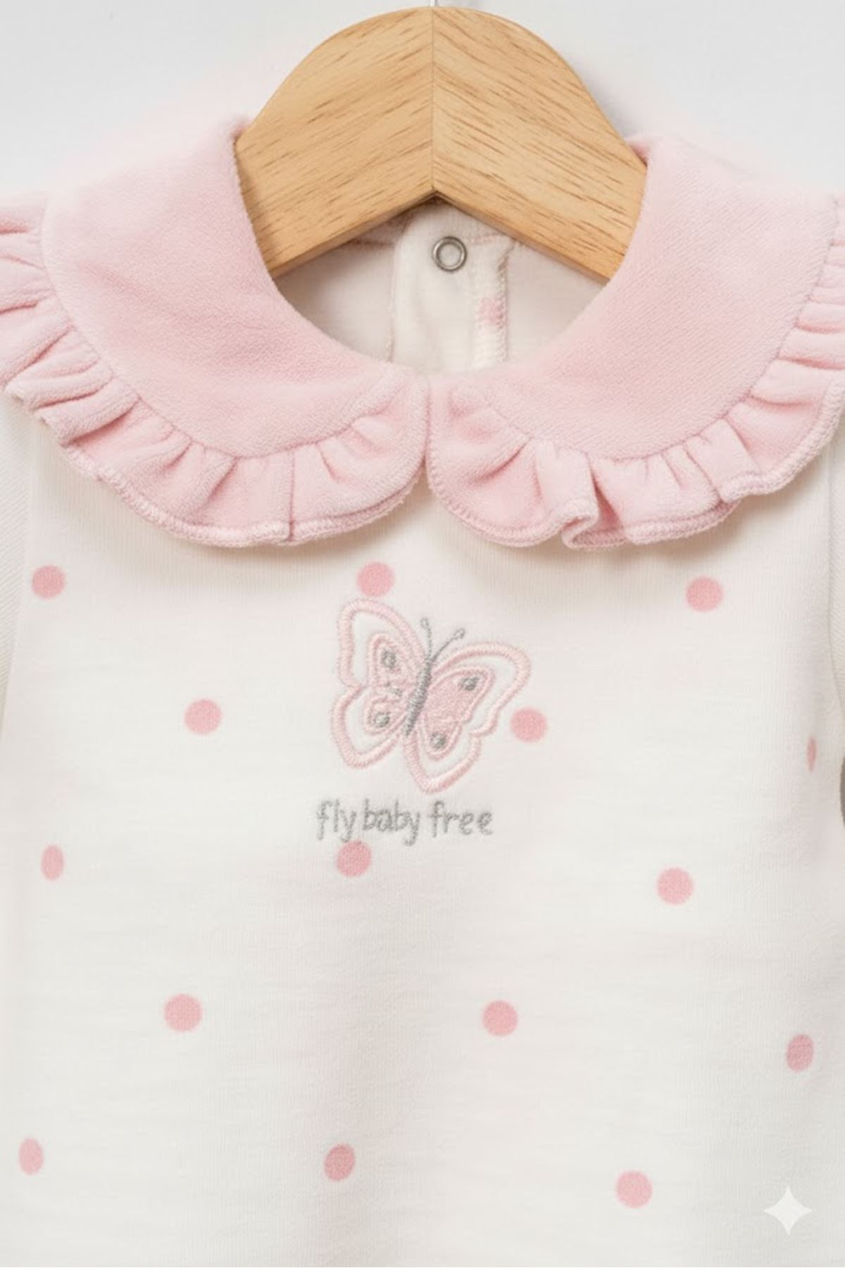 Kız Bebek Ekru Pembe Puanlı Kelebekli Patikli Kadife Tulum
