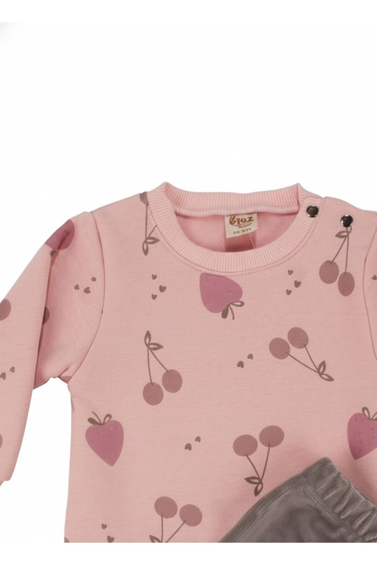 Kız Bebek Pembe Kahve Kirazlı Baskılı Kadife Taytlı 2'li Takım