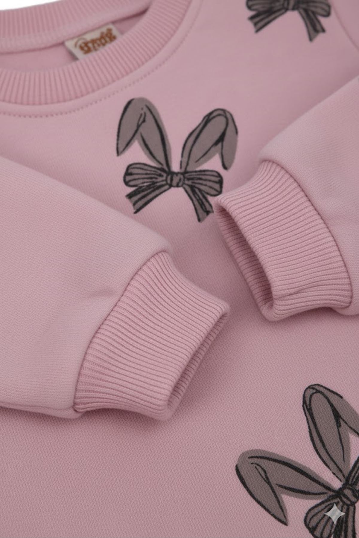 Kız Bebek Pembe Kahve Fiyonklu Baskılı Kadife Fitillli Taytlı 2'li Takım