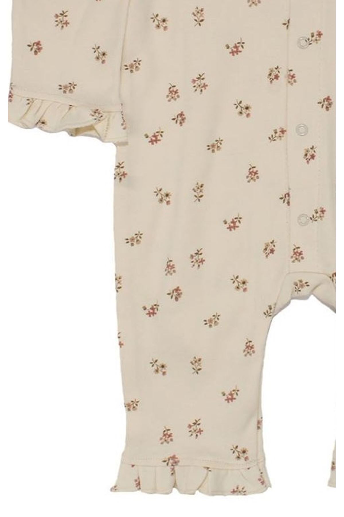 Kız Bebek Ekru Minik Çicekli Kolları Fırfırlı Bebe Yaka Çıtçıtlı Tulum