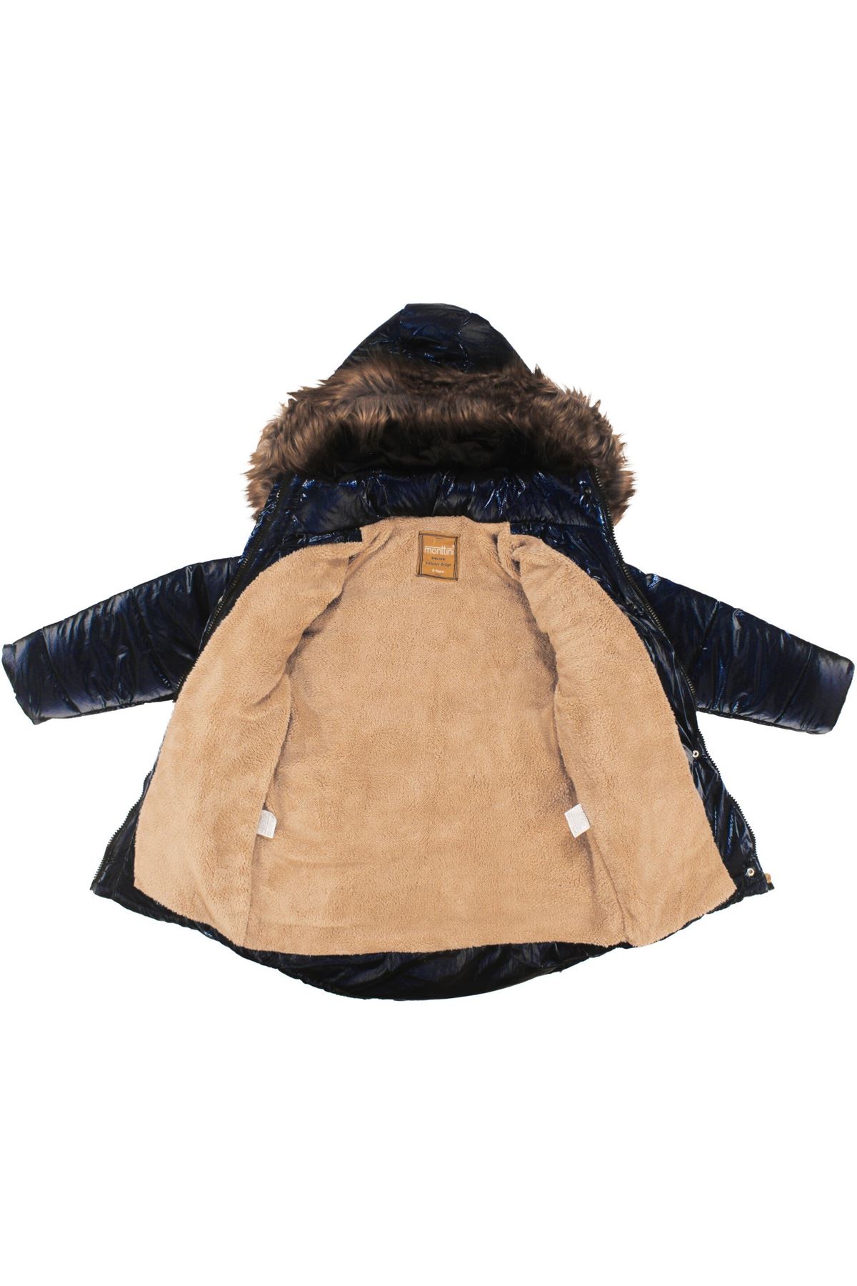 Kız Çocuk Lacivert Parlak Tüylü Şapkalı Kemerli Mont