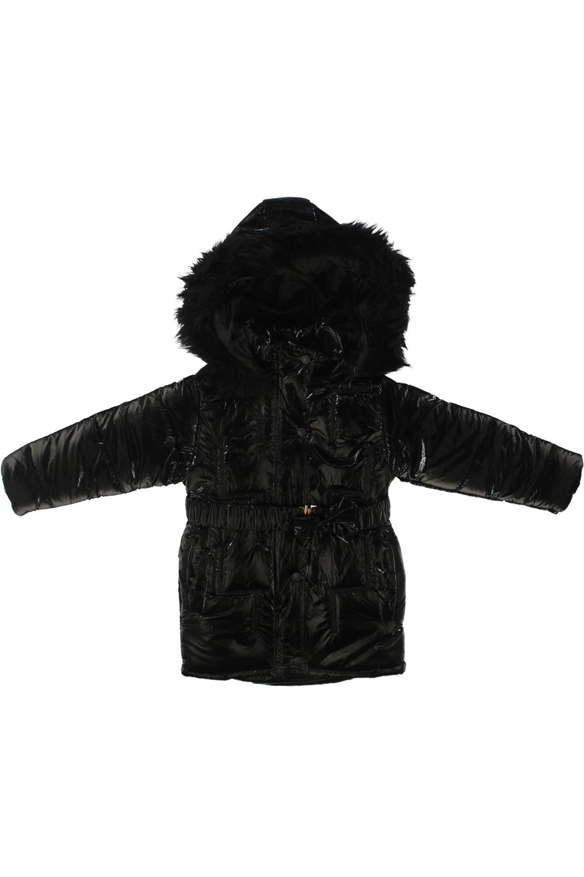 Kız Çocuk siyah Parlak Tüylü Şapkalı Kemerli Mont