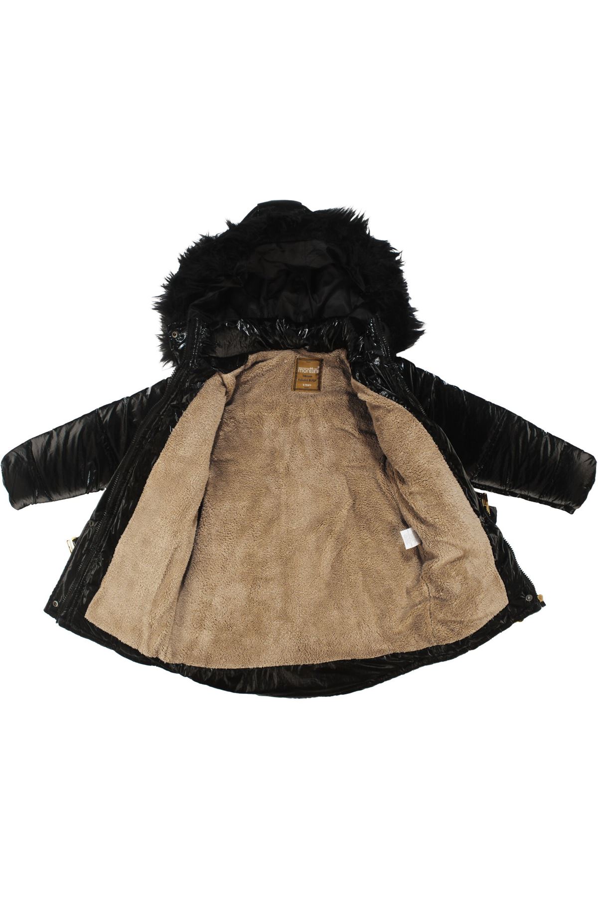 Kız Çocuk siyah Parlak Tüylü Şapkalı Kemerli Mont