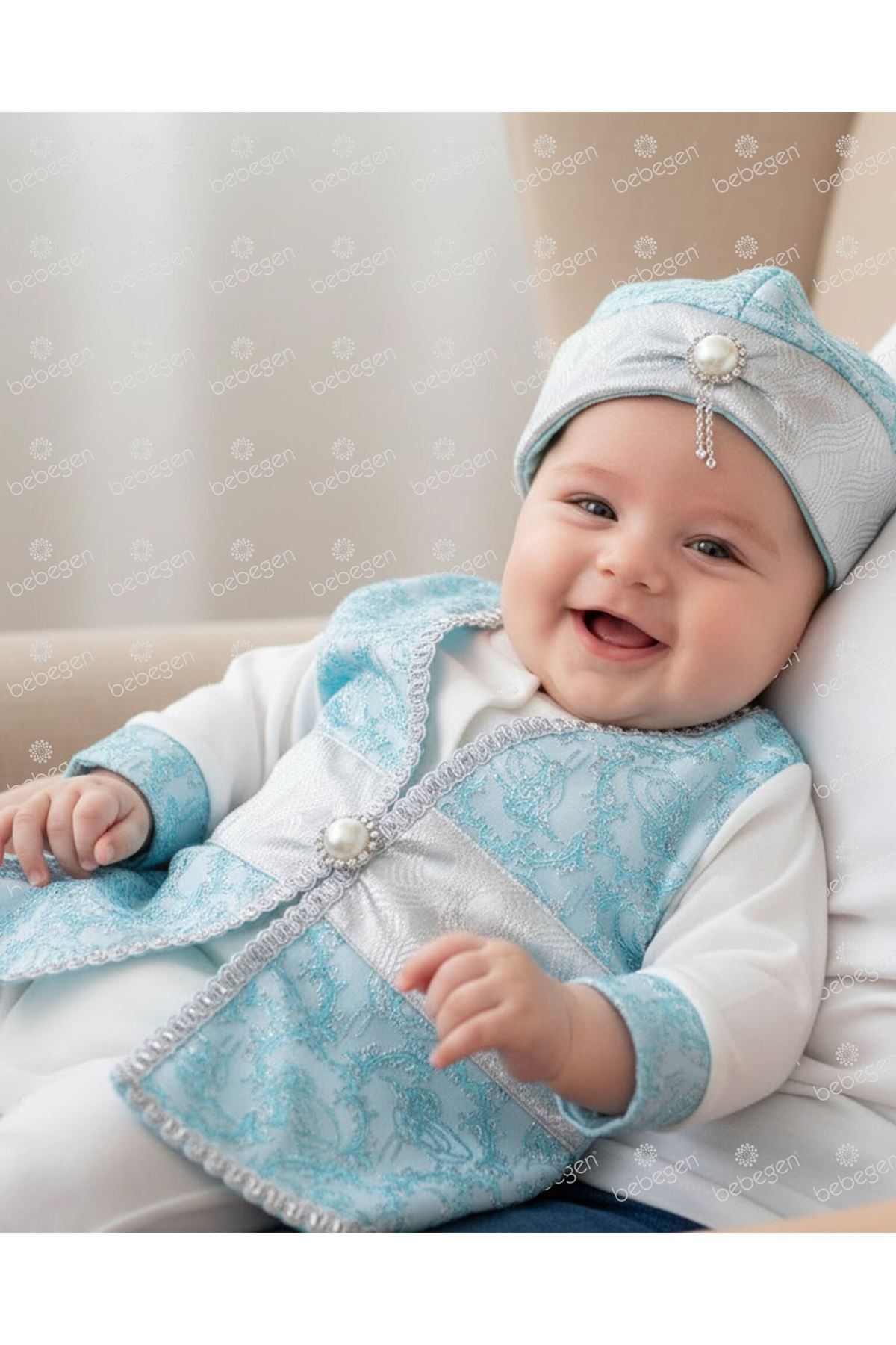 Tuğra Desenli Kemerli Turkuaz Şehzade Erkek Bebek Mevlüt Tulum