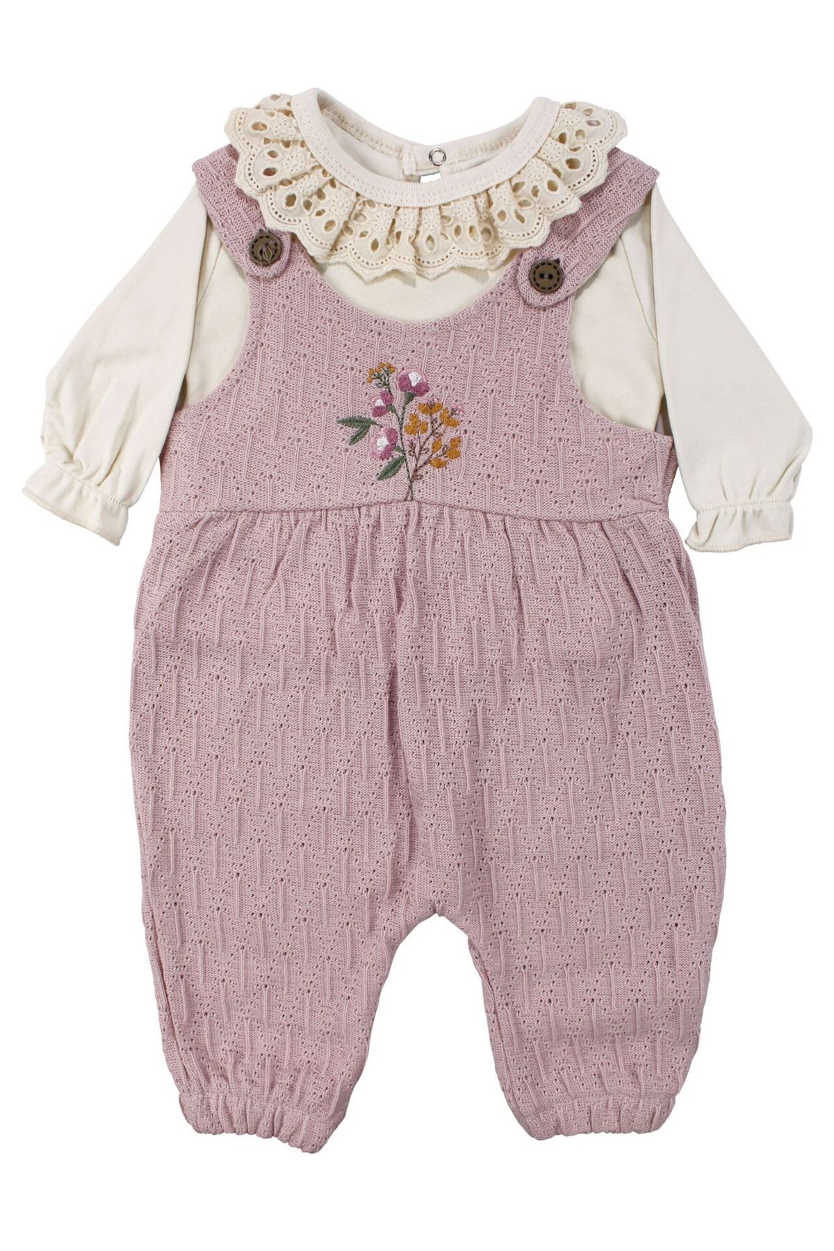 Kız Bebek Ekru Fisto Yakalı Pudra Triko Salopet Tulum Takım