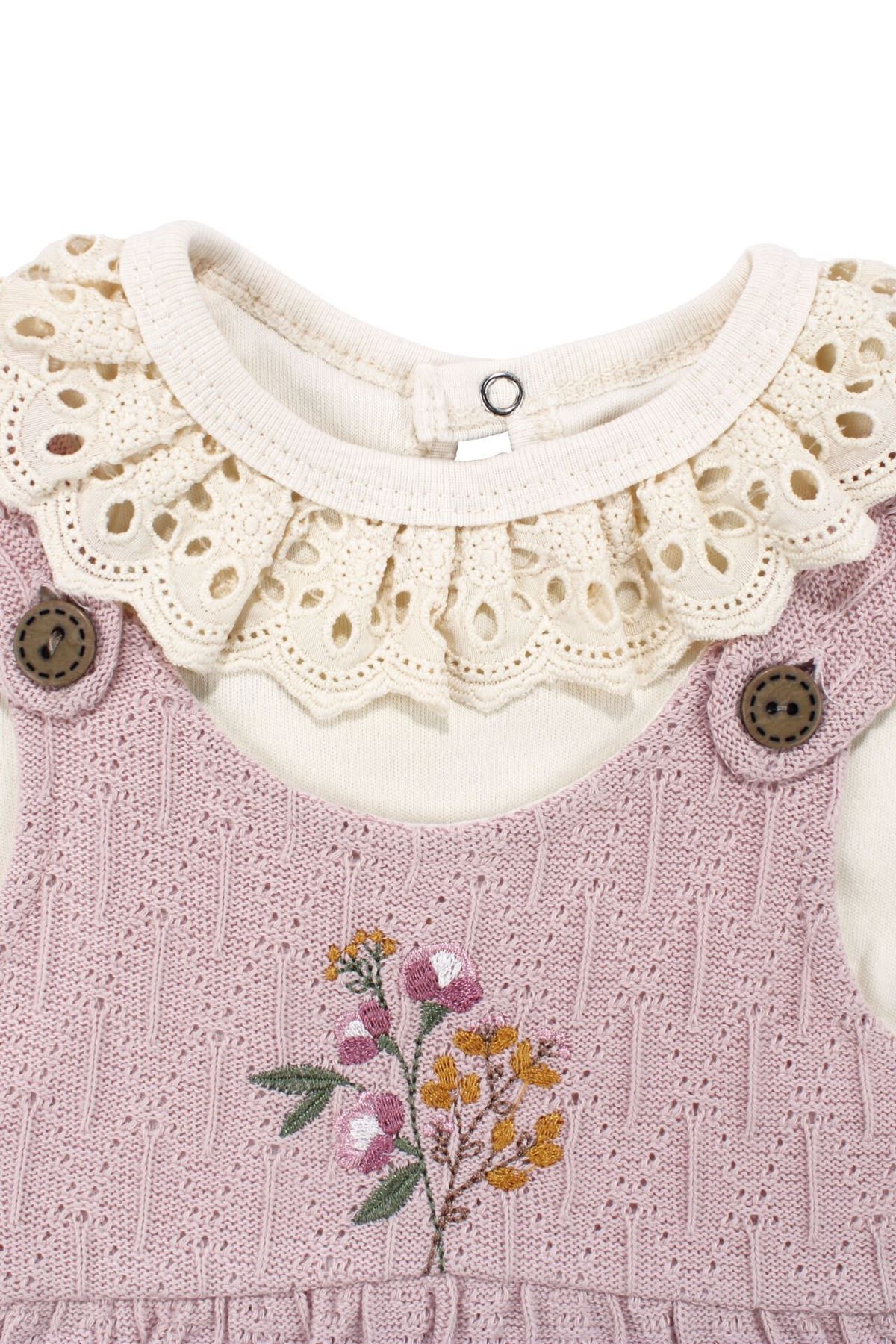 Kız Bebek Ekru Fisto Yakalı Pudra Triko Salopet Tulum Takım