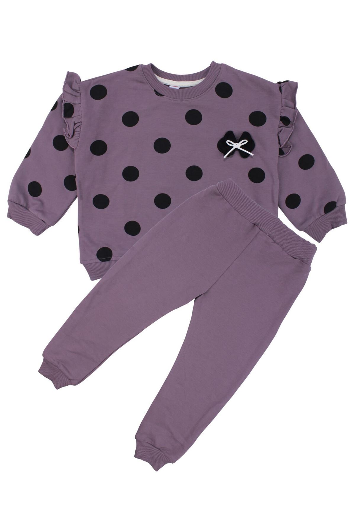 Kız Çocuk Mor Siyah Puantiyeli Kolları Fırfırlı İkili Takım