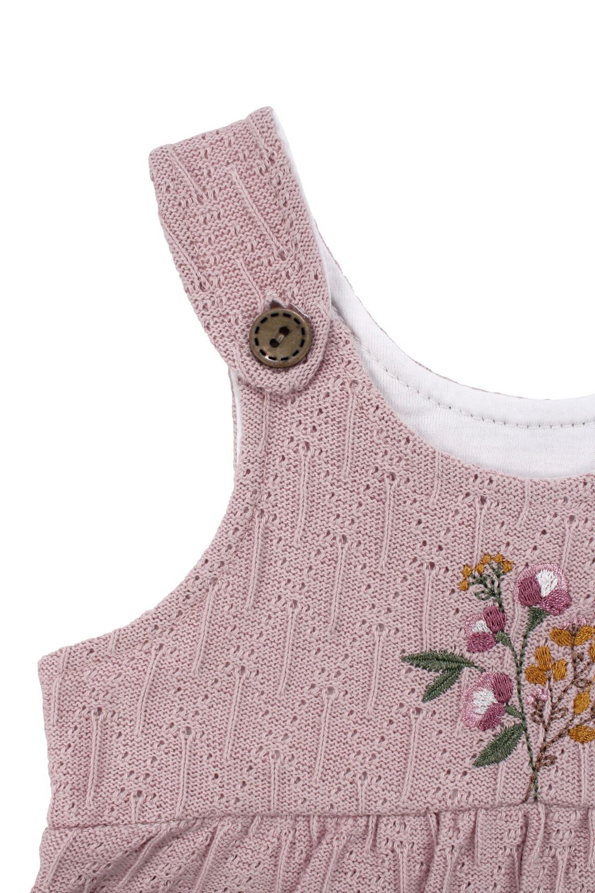 Kız Bebek Ekru Fisto Yakalı Pudra Triko Salopet Tulum Takım