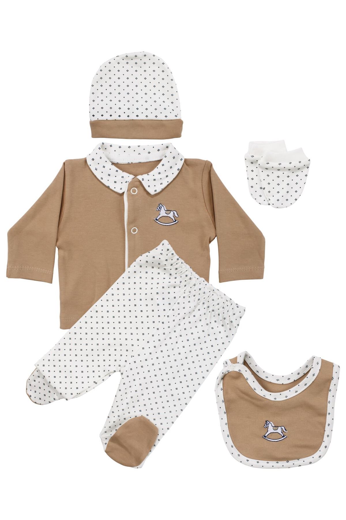 Erkek Bebek Kahve Ekru At Nakışlı 5 Parça Hastane Çıkış Seti
