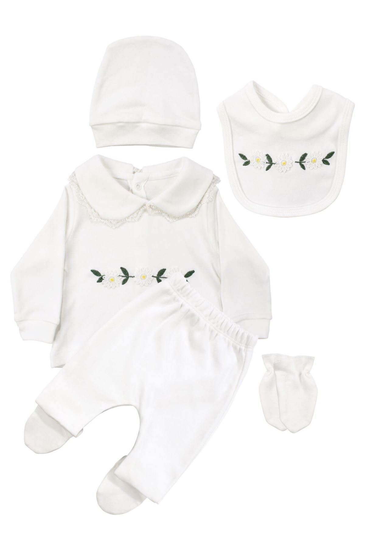 Kız Bebek Ekru Fisto Yakalı Papatya Nakışlı 5'li Hastane Çıkış Seti