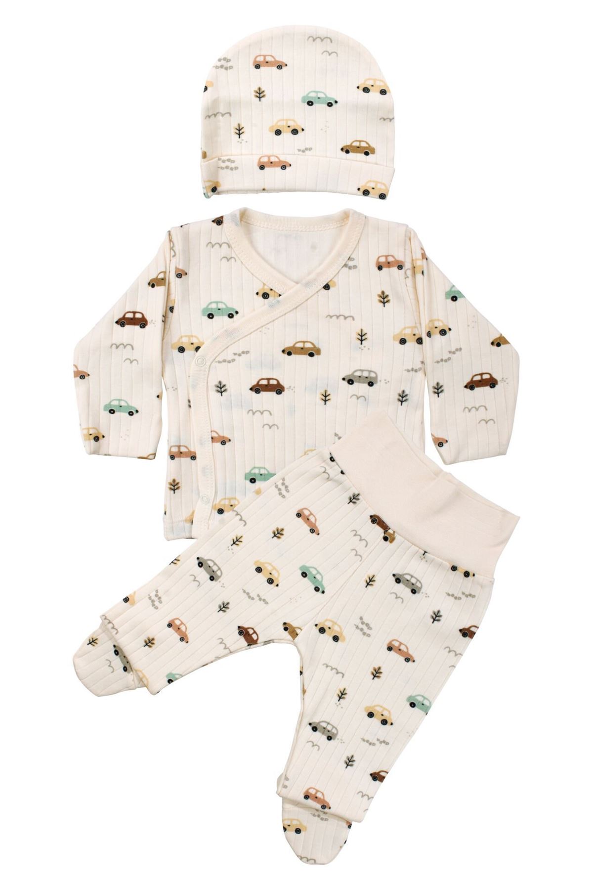 Erkek Bebek Ekru Araba Desenli Üçlü Takım 0-3 Ay