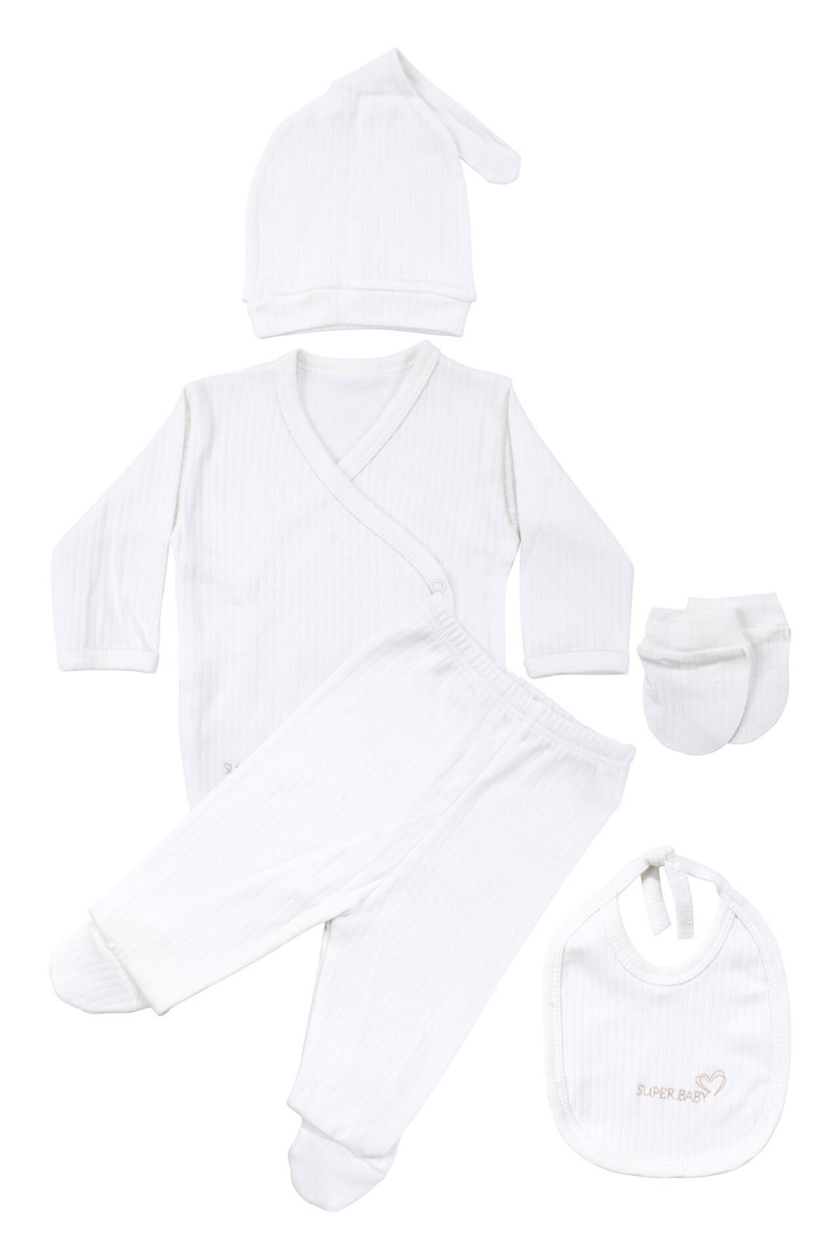 Unisex Ekru Raporlu Superbaby Nakışlı 5 Parça Hastane Çıkış Seti