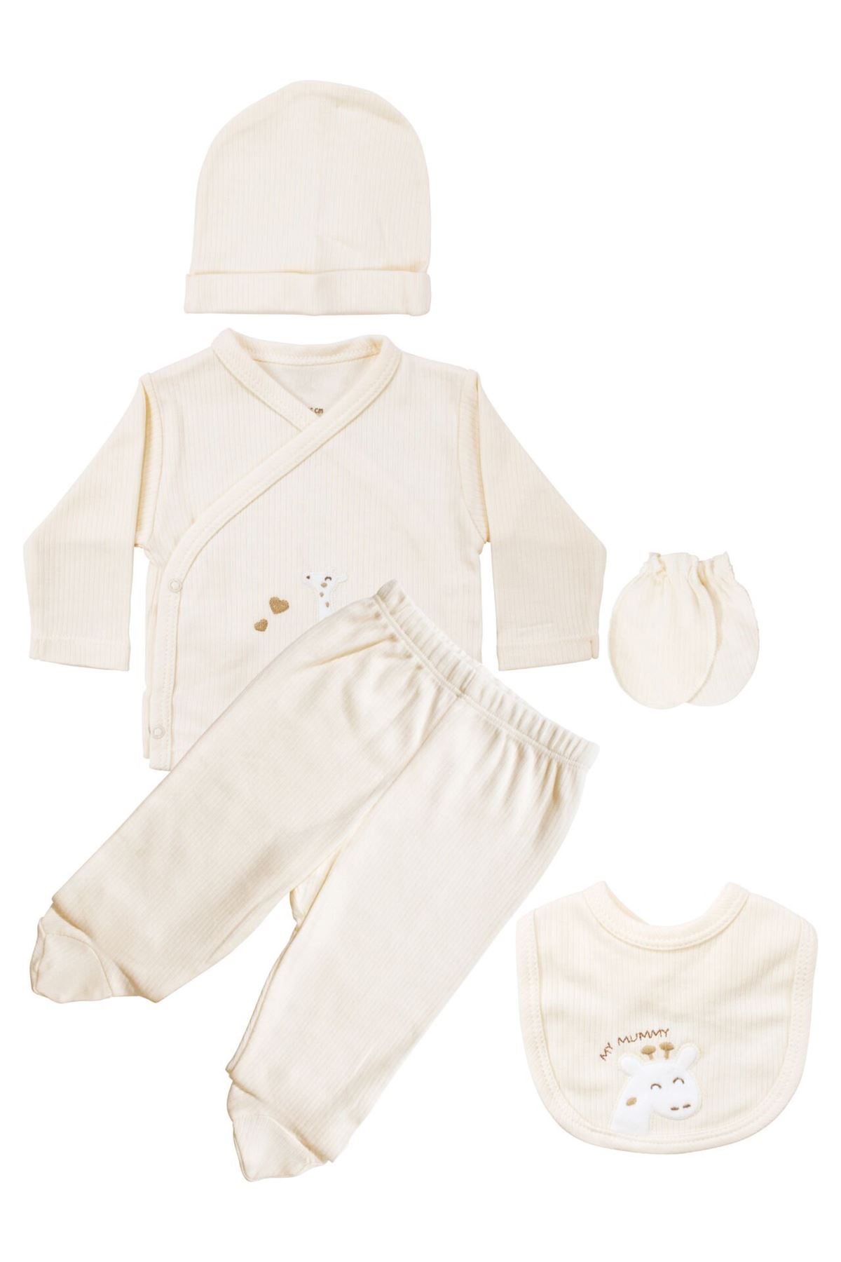 Unisex Ekru Zürafa Nakışlı 5 Parça Hastane Çıkış Seti