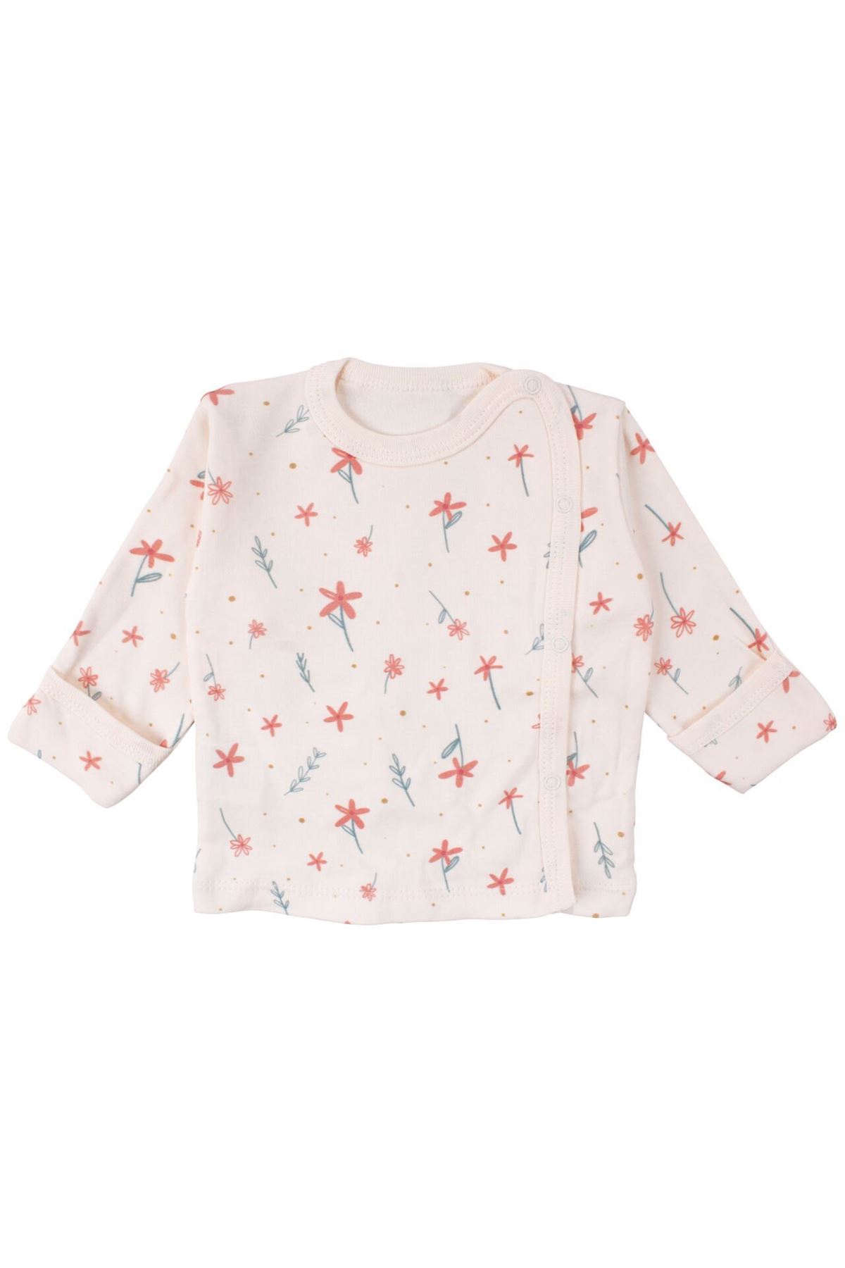 Kız Bebek Ekru Pembe Çiçek Desenli Çıtçıtlı Bereli 3'lü Takım