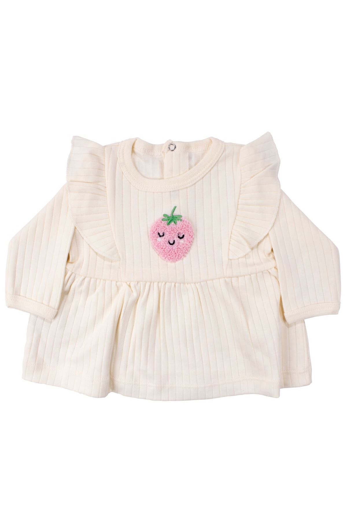 Kız Bebek Ekru Pembe Çilek Nakışlı Omuzları Fırfırlı İkili Takım 0-3 Ay