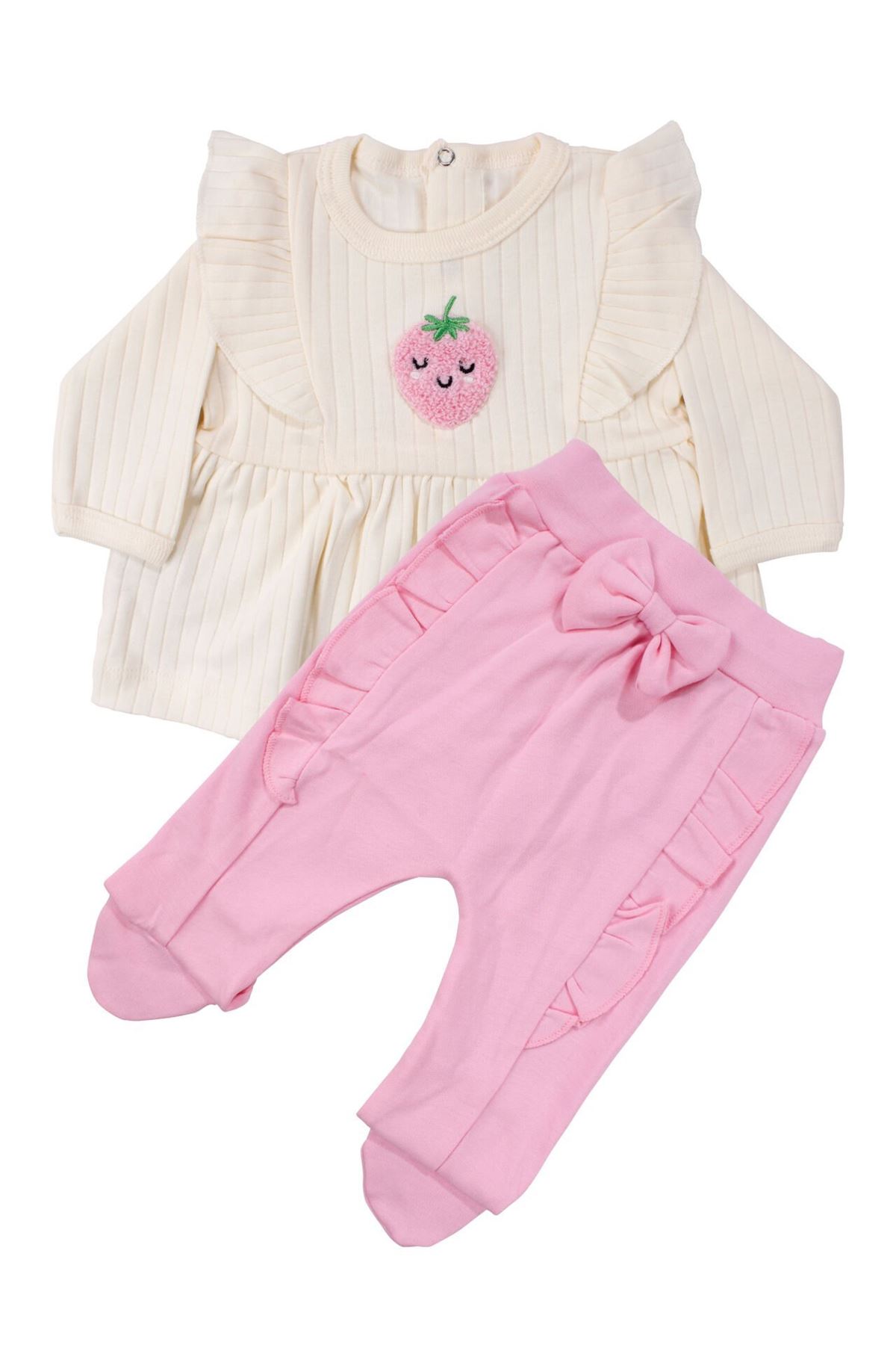 Kız Bebek Ekru Pembe Çilek Nakışlı Omuzları Fırfırlı İkili Takım 0-3 Ay