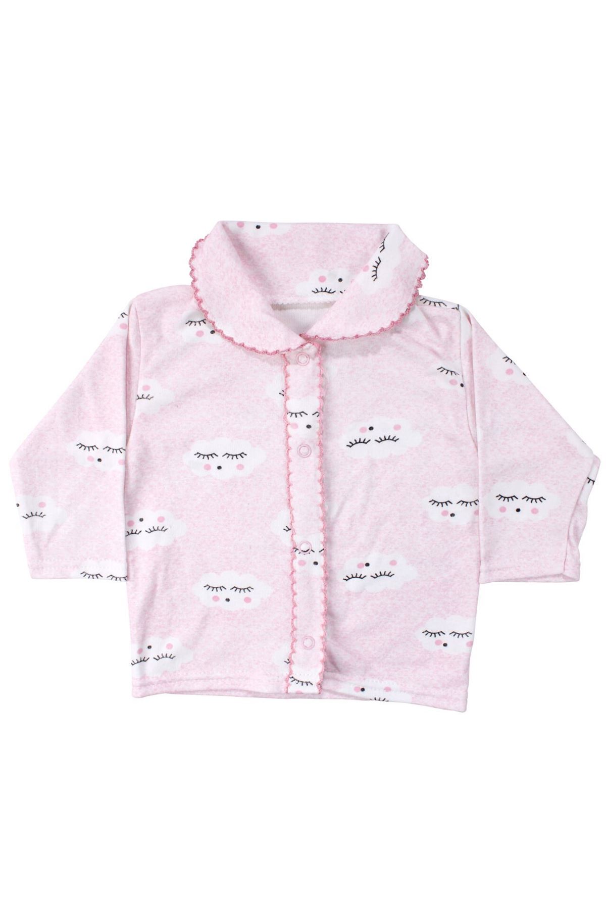 Kız Bebek Pembe Bulut Desenli Biyeli Çıtçıtlı Pijama Takımı 0-3 Ay